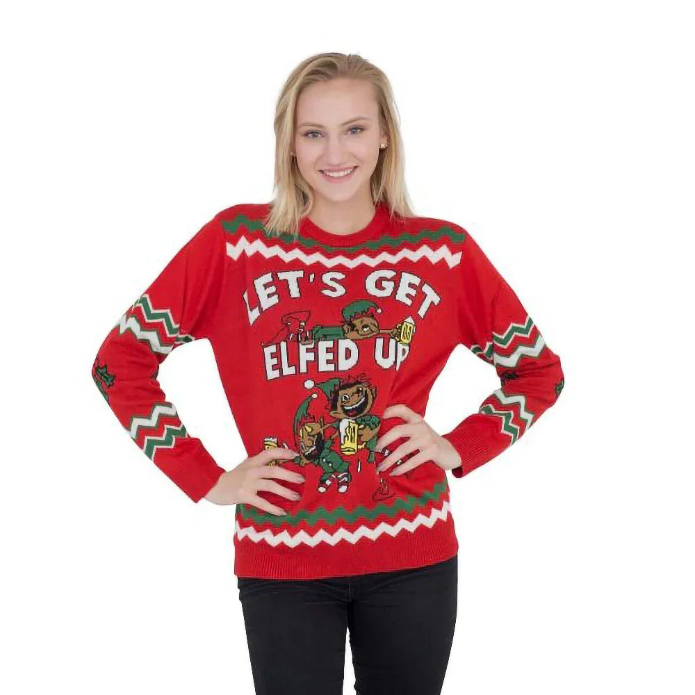 Woman wearing red ugly Christmas sweater with drunken elves and 'Let's Get Elfed Up' text