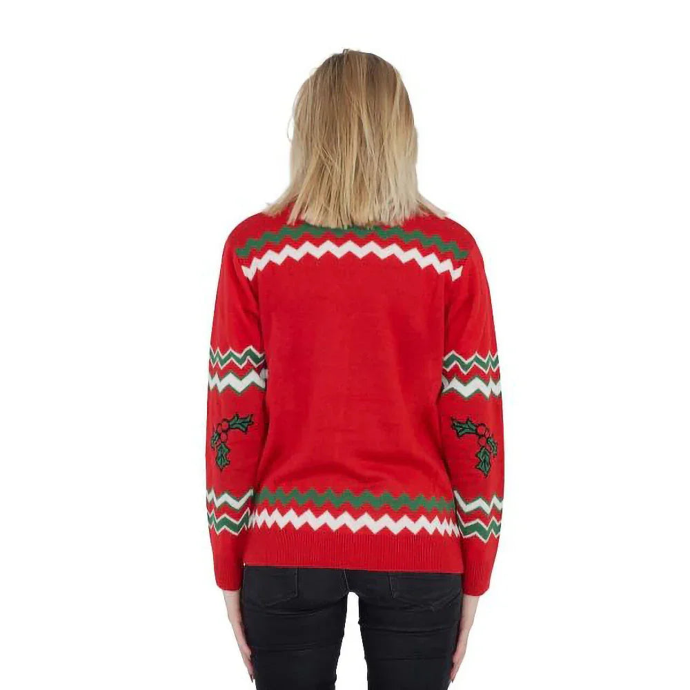 Back view of red ugly Christmas sweater with zigzag green and white patterns and holly graphics