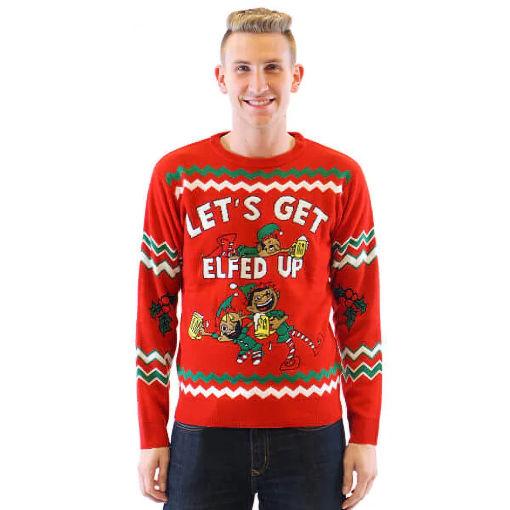 Man wearing red ugly Christmas sweater with drunken cartoon elves and 'Let's Get Elfed Up' text