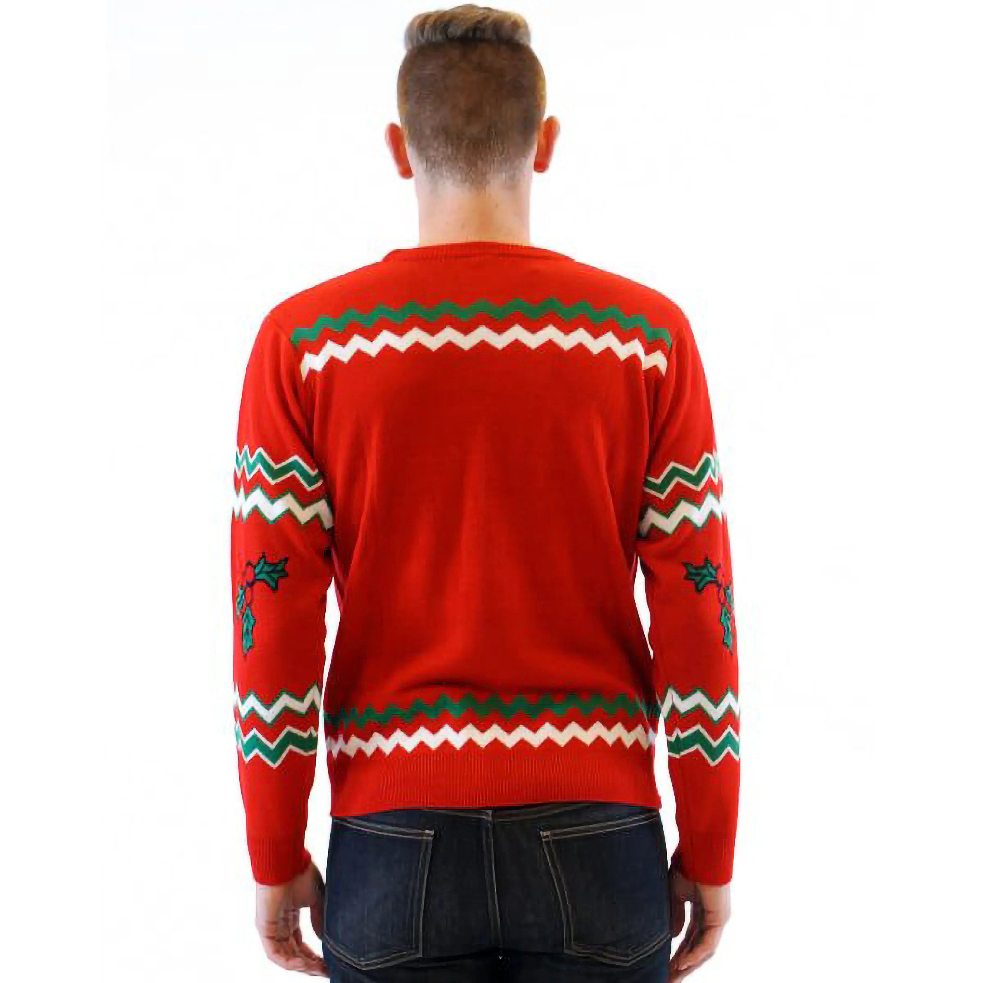 Back view of a man wearing a red ugly Christmas sweater with green, white zigzag patterns.