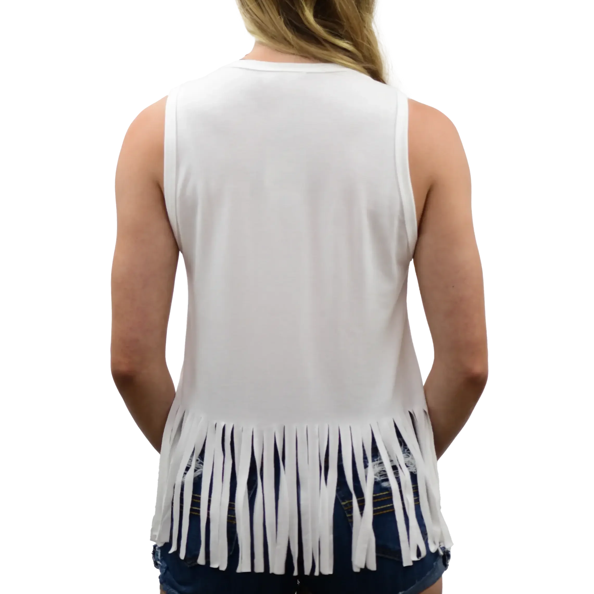 Back view of woman in white fringed sleeveless t-shirt and denim shorts