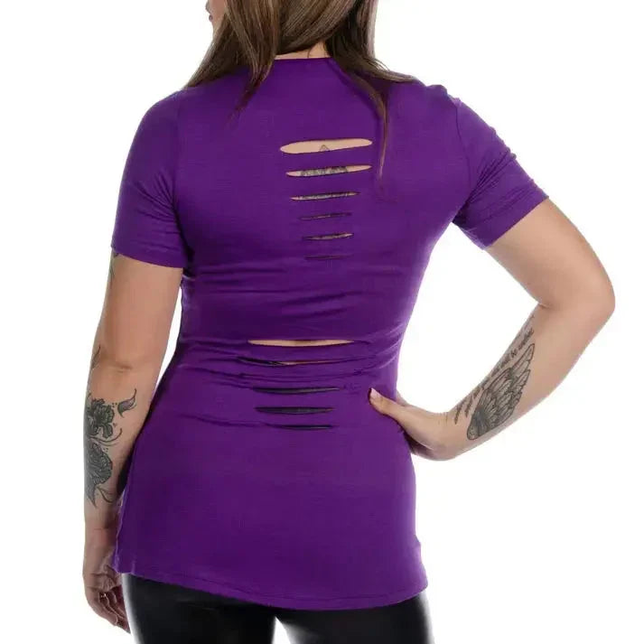 Woman wearing a purple Liberty Wear racer T-shirt with back slits, showing tattoos