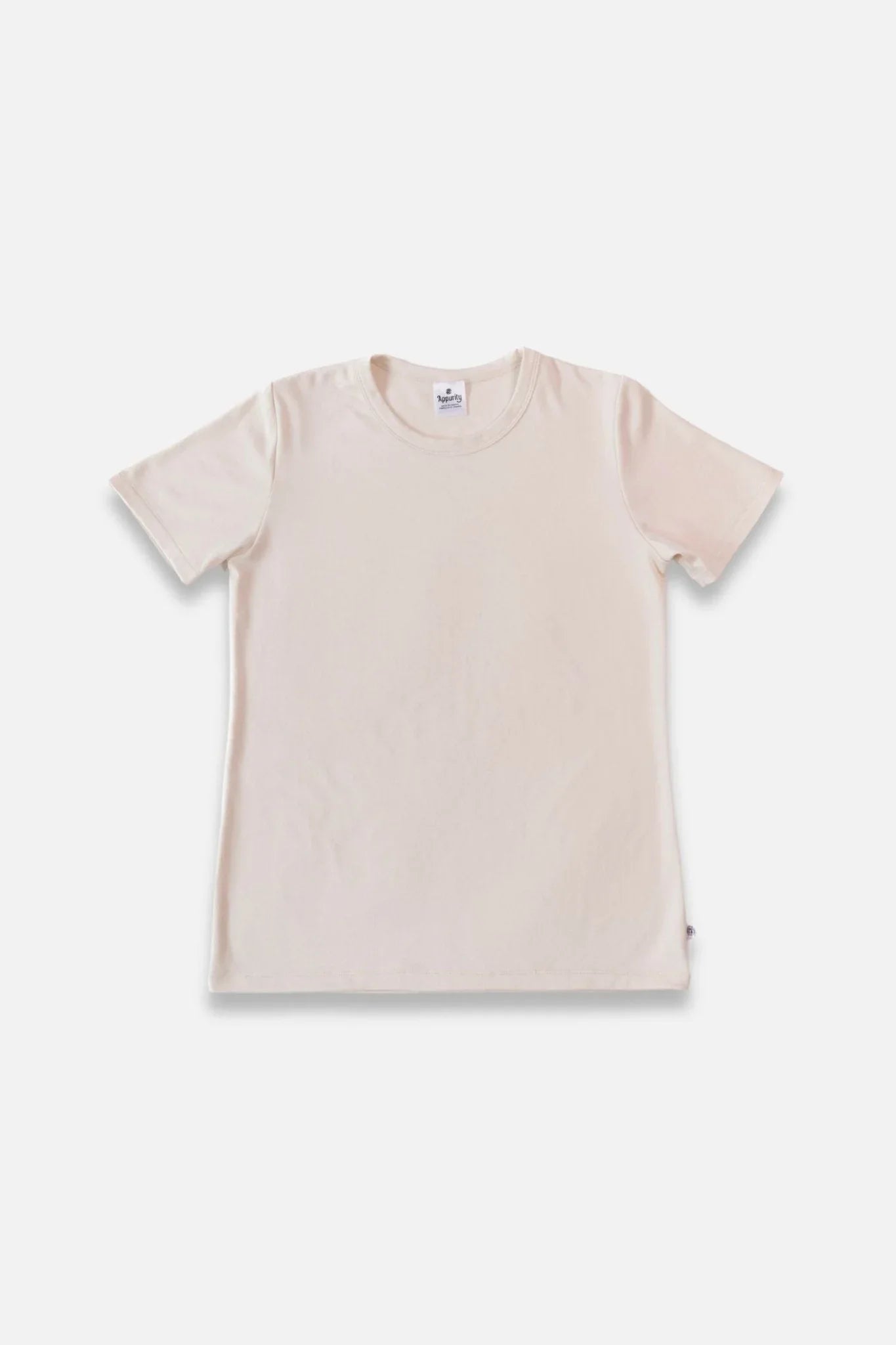 Ladies bamboo t-shirt in light beige, short sleeves, flat lay on white background