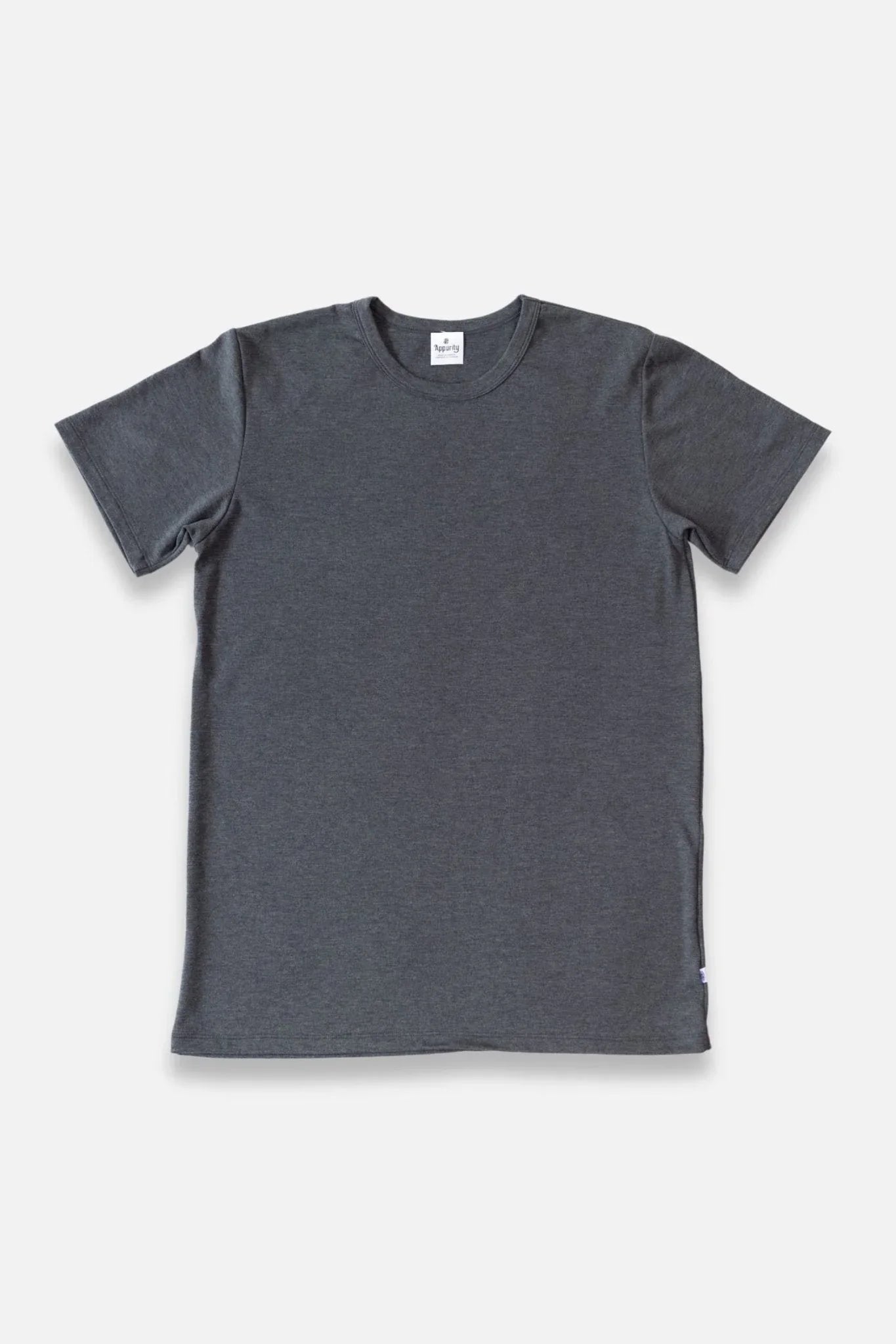 Men's dark grey bamboo t-shirt on white background, short sleeve, minimalist style