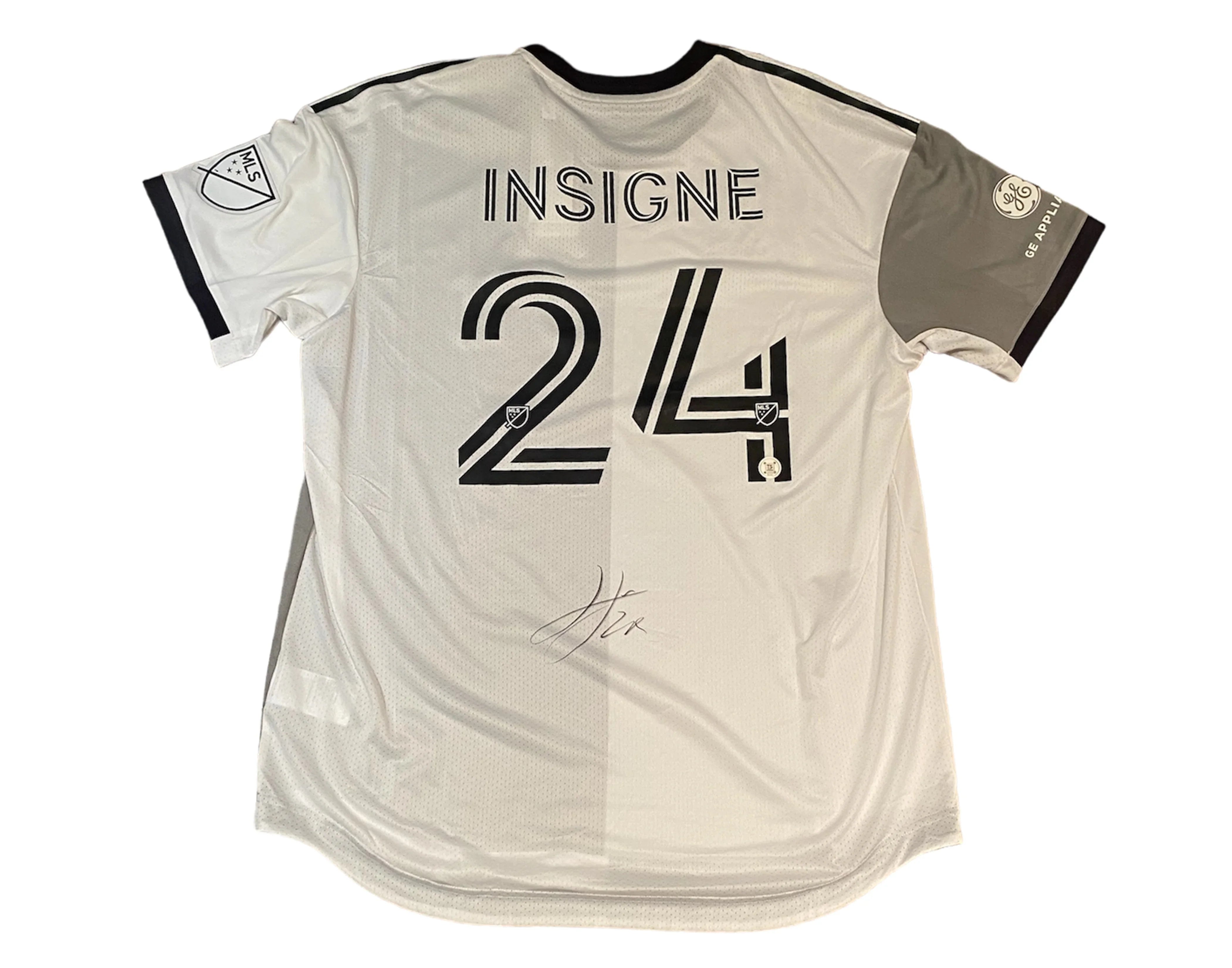 Signed Insigne MLS soccer jersey, number 24, white with black and grey accents