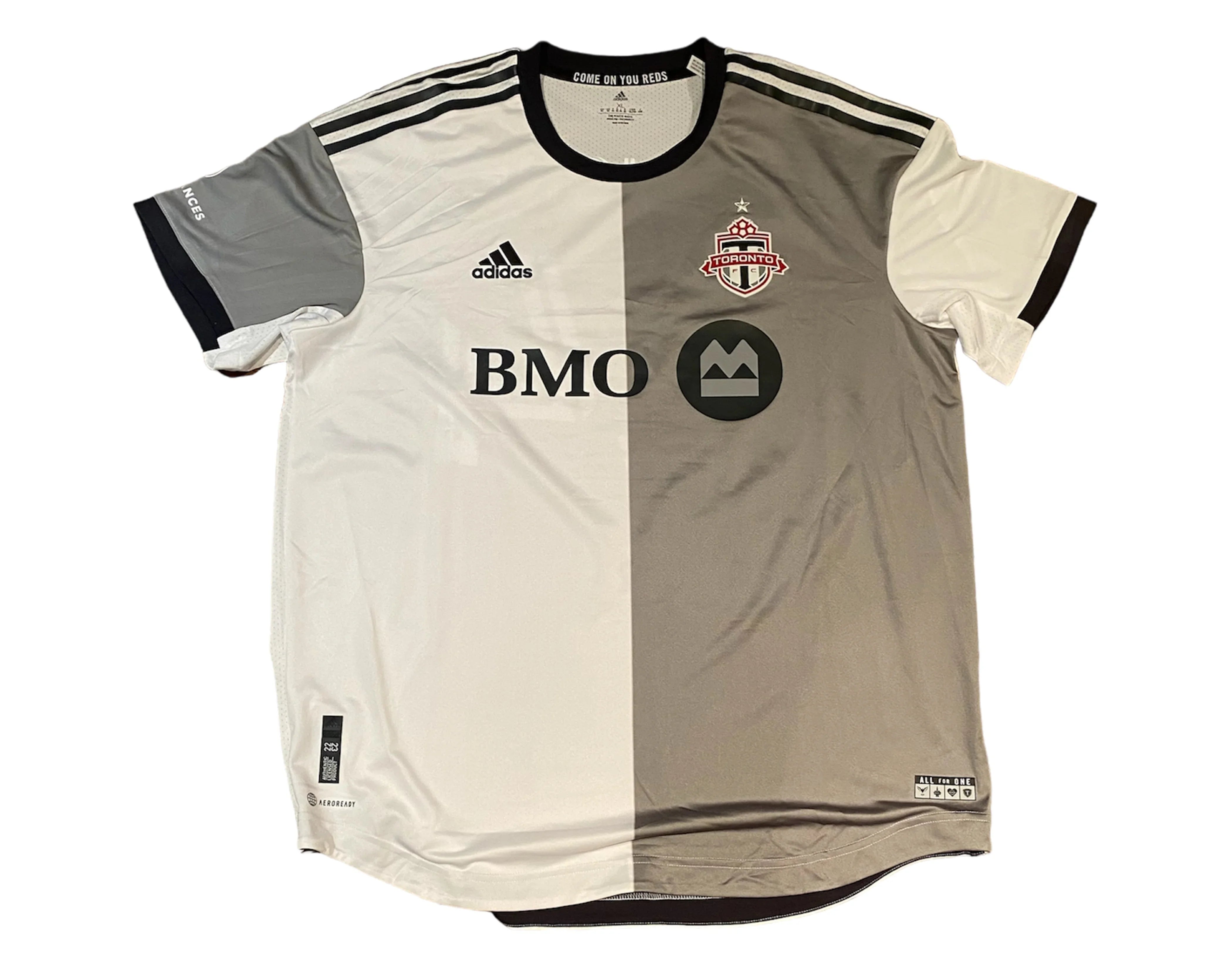 Toronto FC adidas soccer jersey with black and white panels, BMO logo, and team crest