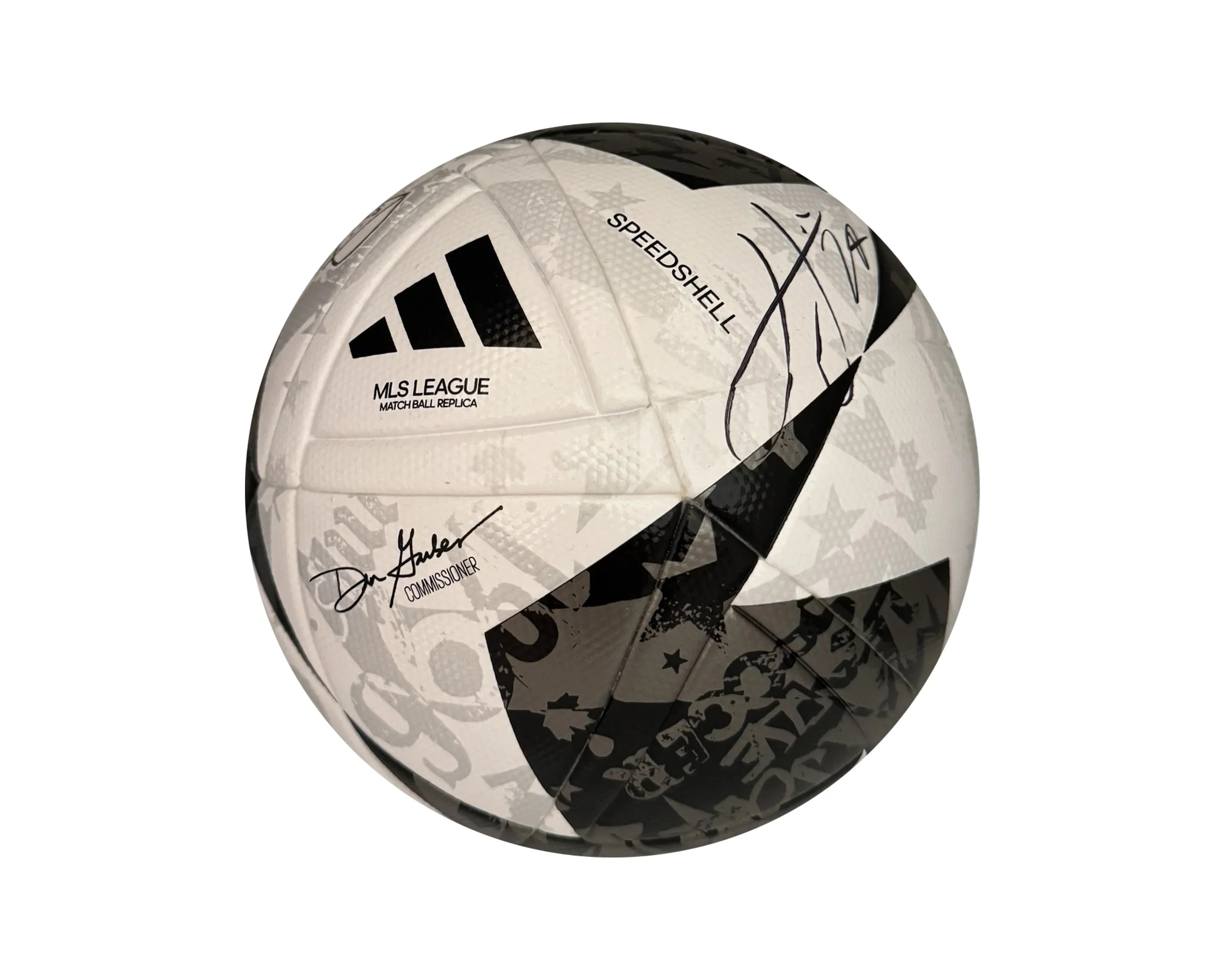 MLS League Speedshell match ball replica, black and white design, signed, Adidas logo visible