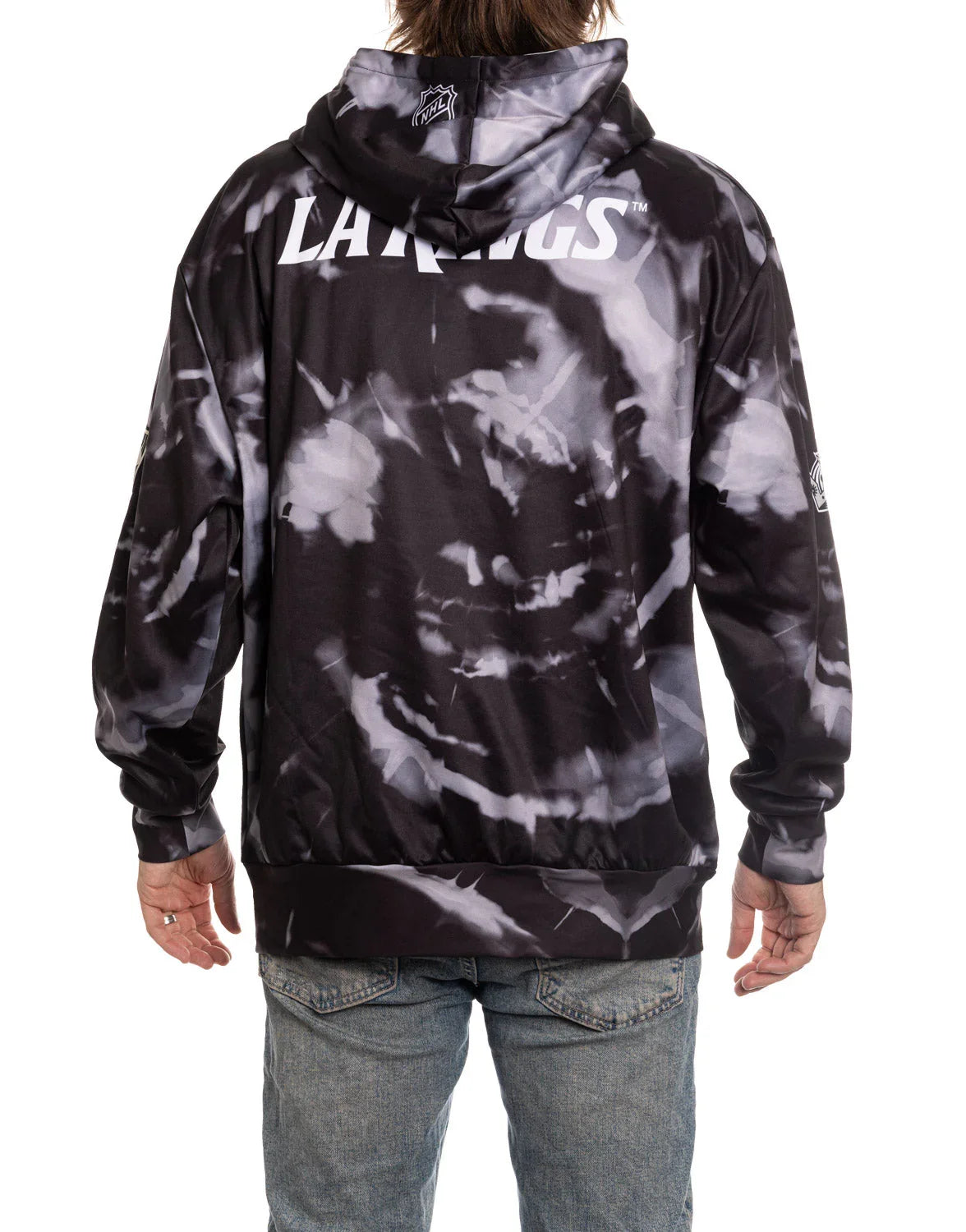 Back view of LA Kings black tie-dye sublimation hoodie with NHL logo on hood