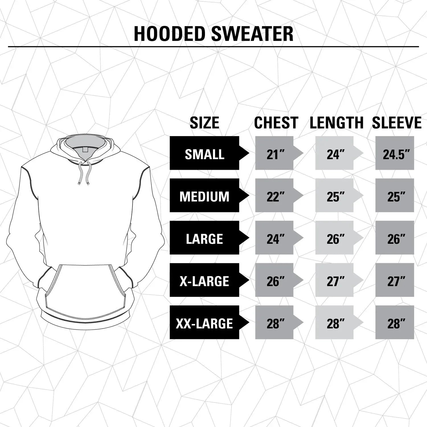 Hooded sweater size guide chart with chest, length, and sleeve measurements.
