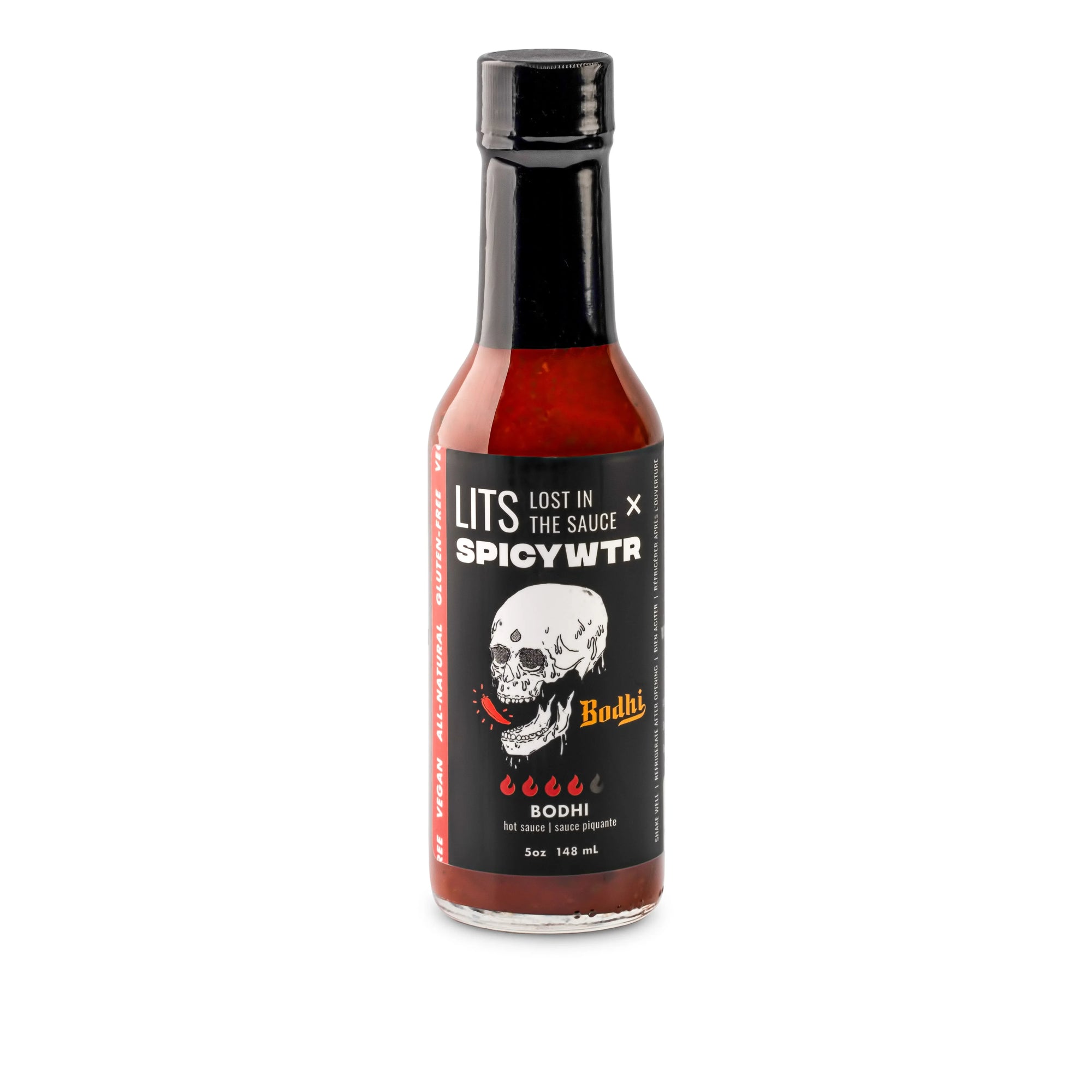 LITS x SpicyWTR Bodhi hot sauce bottle with black label and skull design on white background