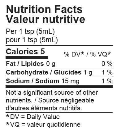LITS Bodhi nutrition facts label, bilingual English and French, showing calories, fat, carbs, sodium per 1 tsp.
