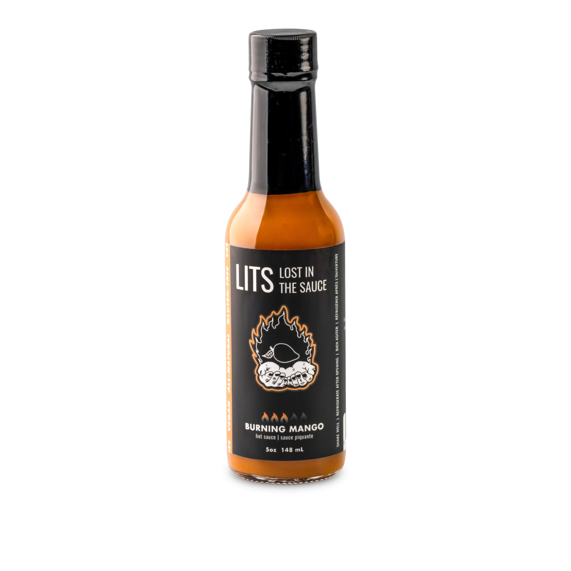 LITS Lost In The Sauce Burning Mango hot sauce bottle with black label on white background