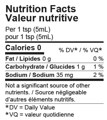 Burning Mango nutrition facts label, 0 calories, 1g carbs, 35mg sodium per 1 tsp