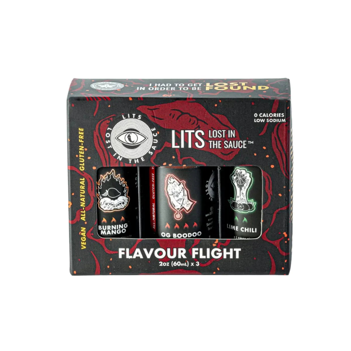 LITS Lost In The Sauce Flavour Flight Sampler Set with Burning Mango, OG Boodoo, Lime Chili sauces.