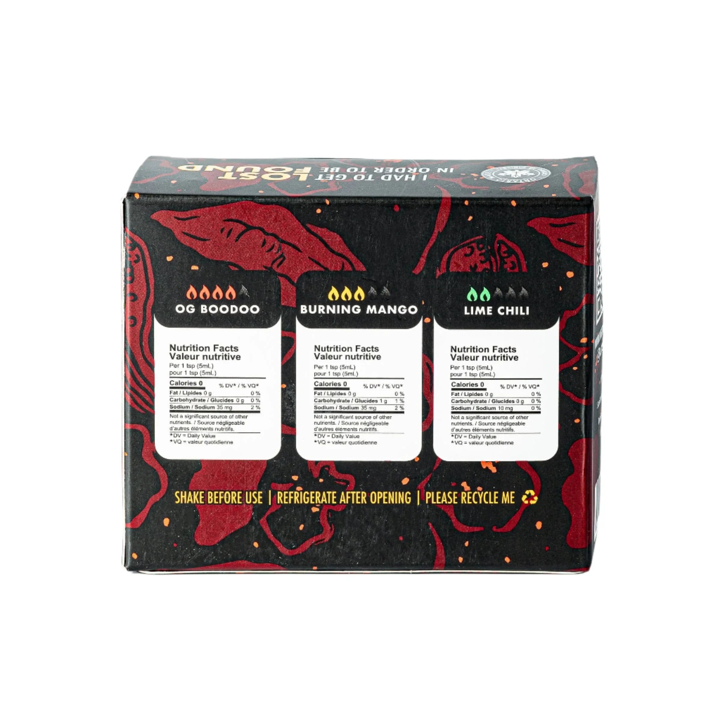Back of LITS Flavour Flight box showing OG Boodoo, Burning Mango, Lime Chili nutrition facts.