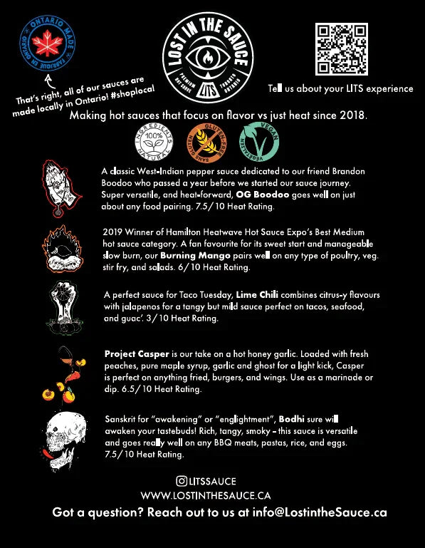 Lost in the Sauce product pairing card showcasing hot sauce descriptions and Ontario local branding.