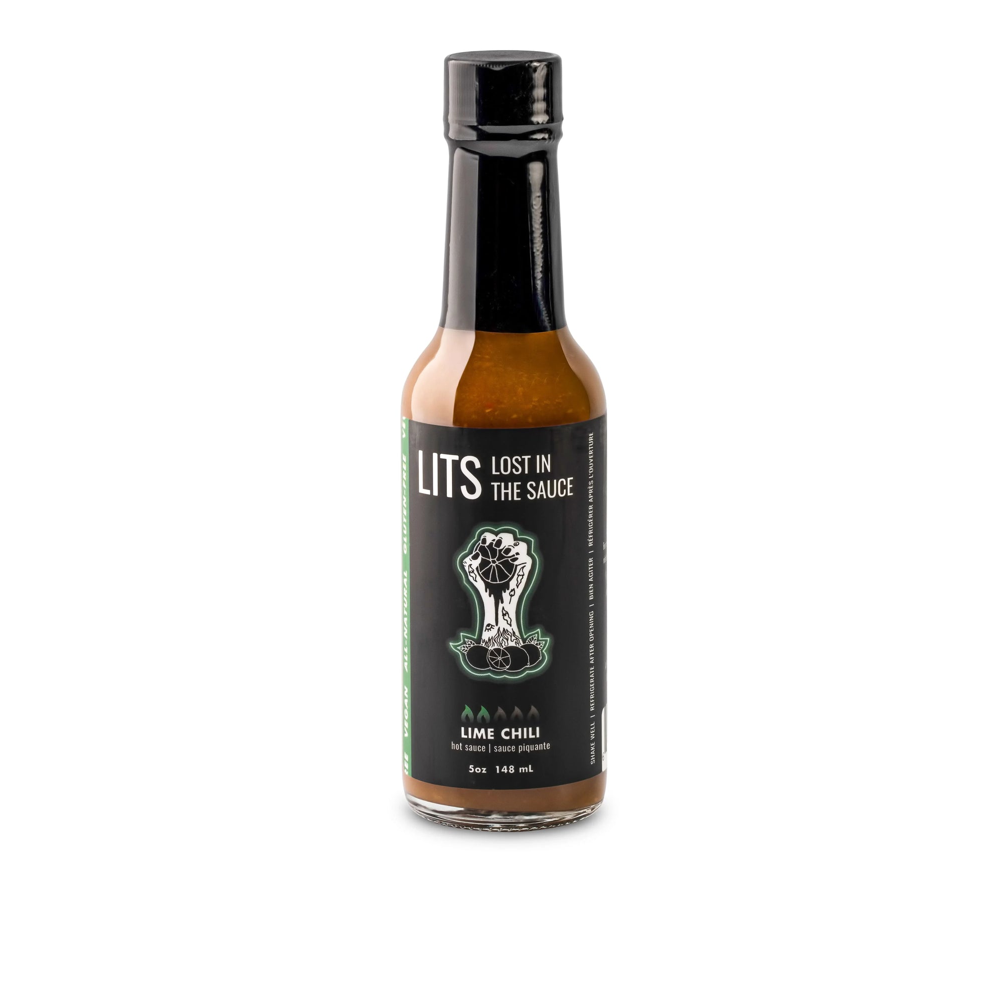 LITS Lime Chili hot sauce bottle on white background with black label