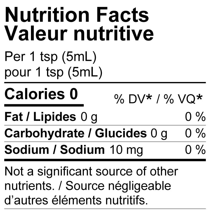 Lime Chili nutrition facts label, zero calories, fat, carbs, 10mg sodium per 1 tsp serving.