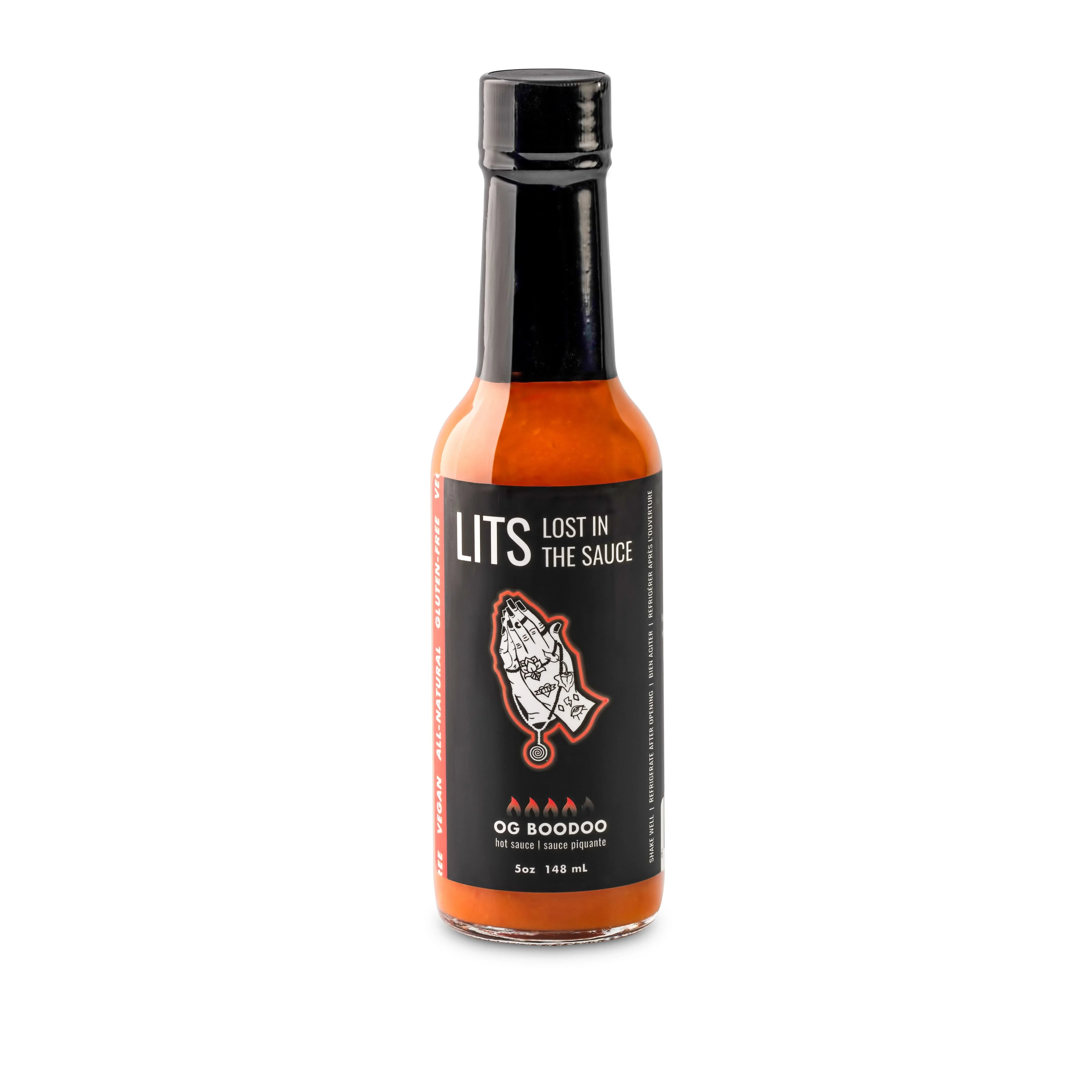 LITS OG Boodoo hot sauce bottle with black label and praying hands graphic on white background