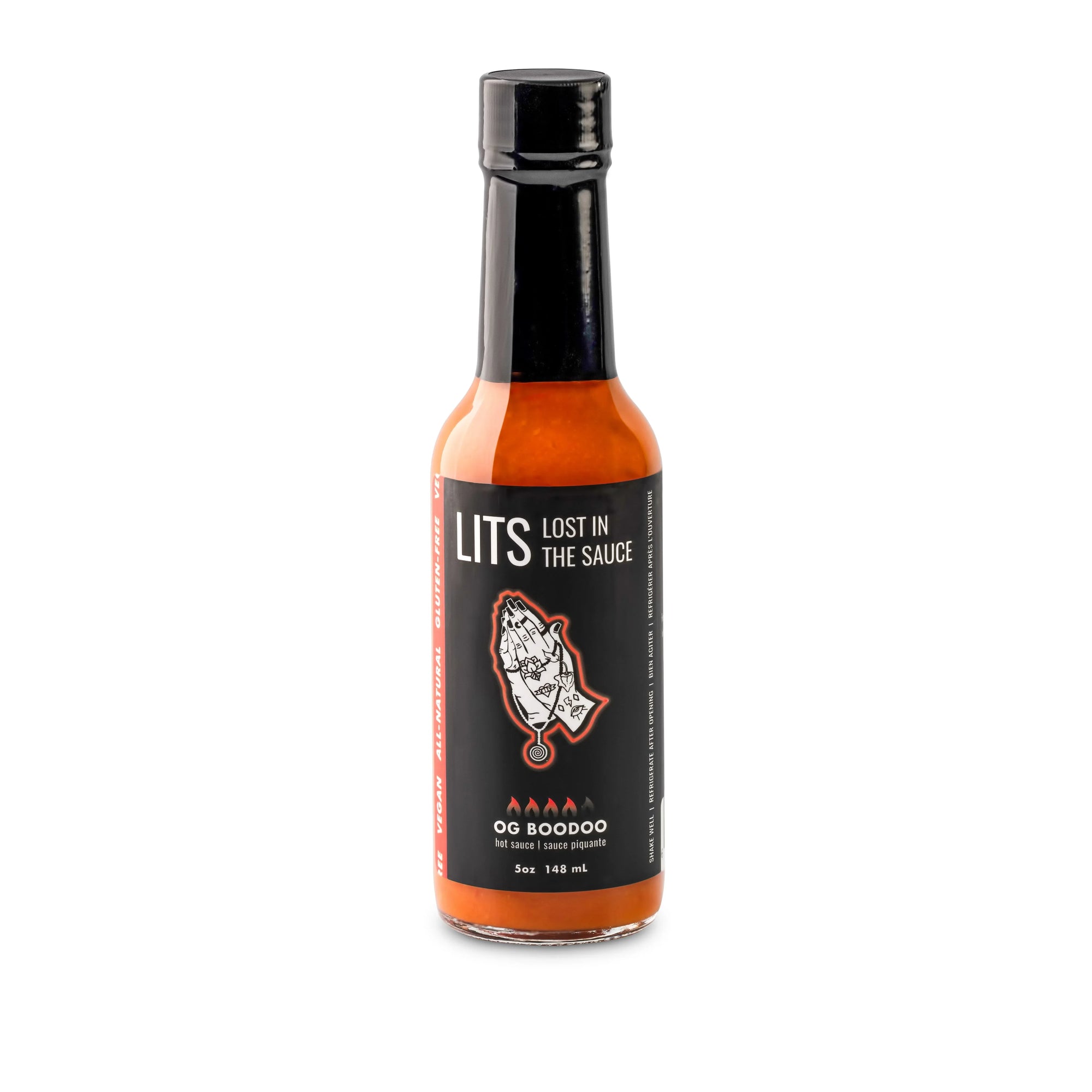 LITS OG Boodoo hot sauce bottle with black label and praying hands graphic on white background