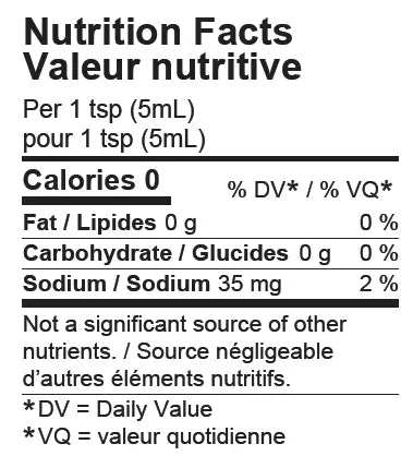 Boodoo nutrition facts label in English and French, zero calories, sodium content 35mg