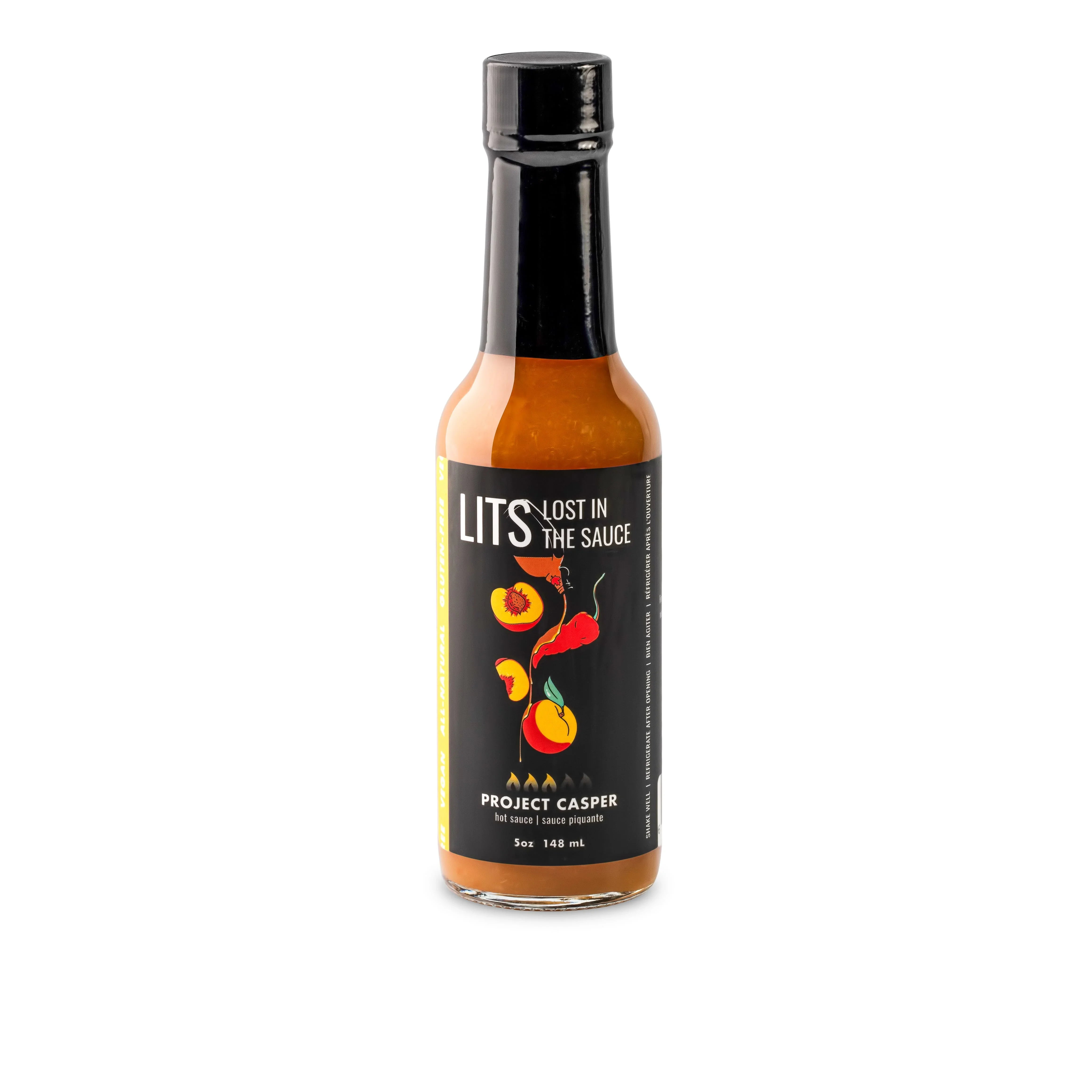 LITS Lost in the Sauce Project Casper hot sauce bottle with colorful pepper label