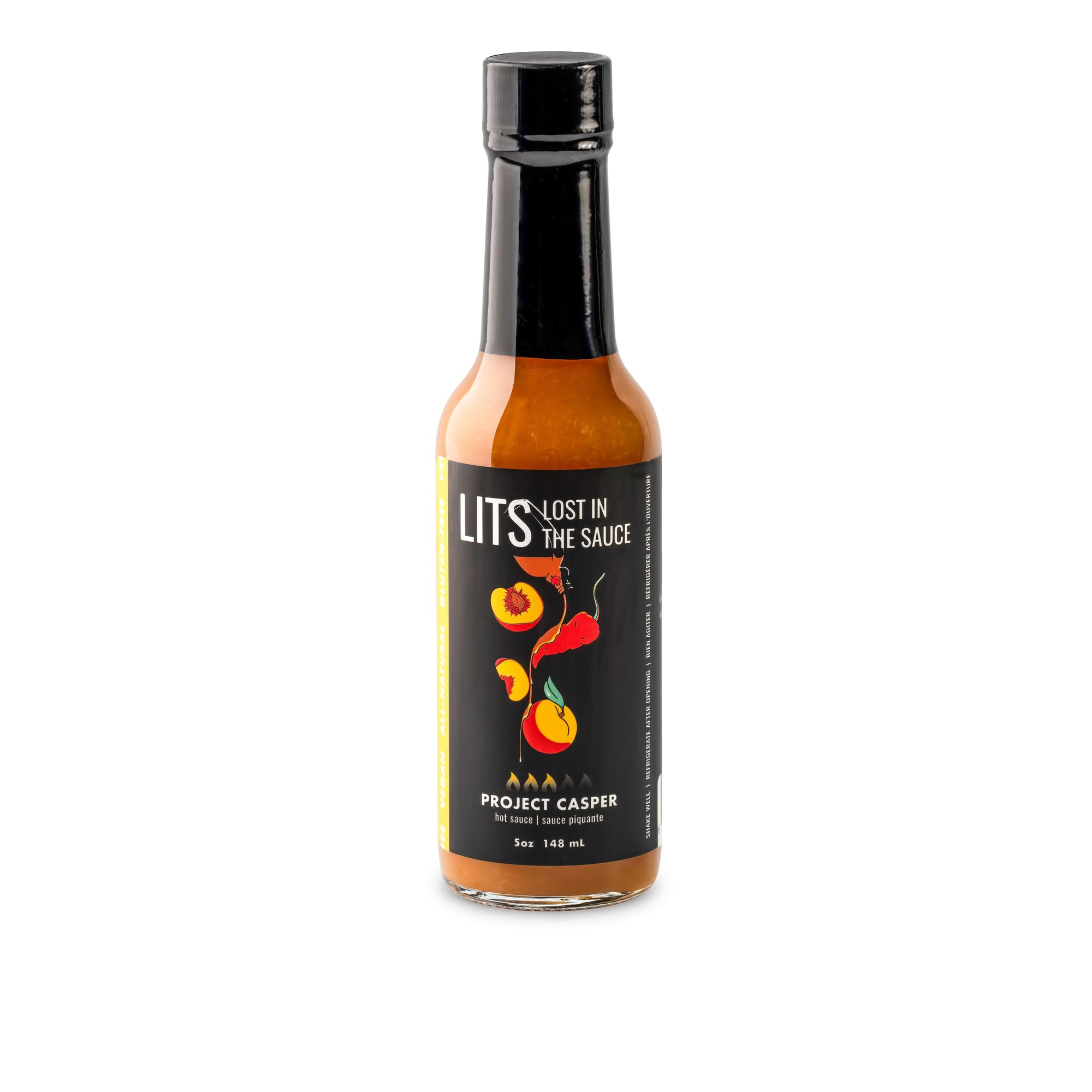 LITS Lost in the Sauce Project Casper hot sauce bottle with colorful pepper label