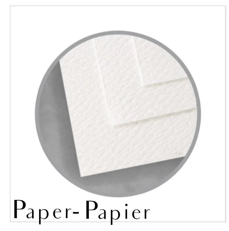 Close-up of textured white paper sheets with 'Paper-Papier' text beneath