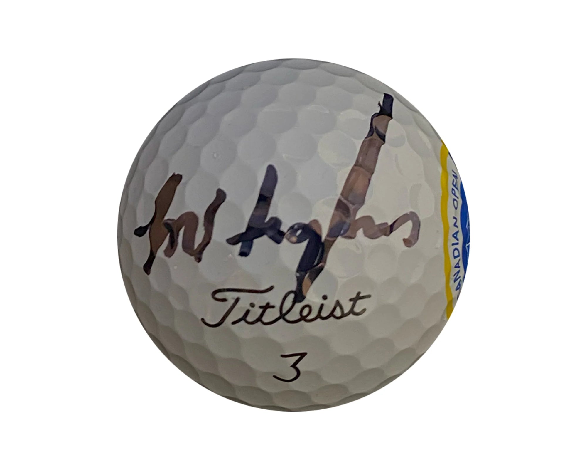 Titleist 3 golf ball with visible autograph and Canadian Open logo