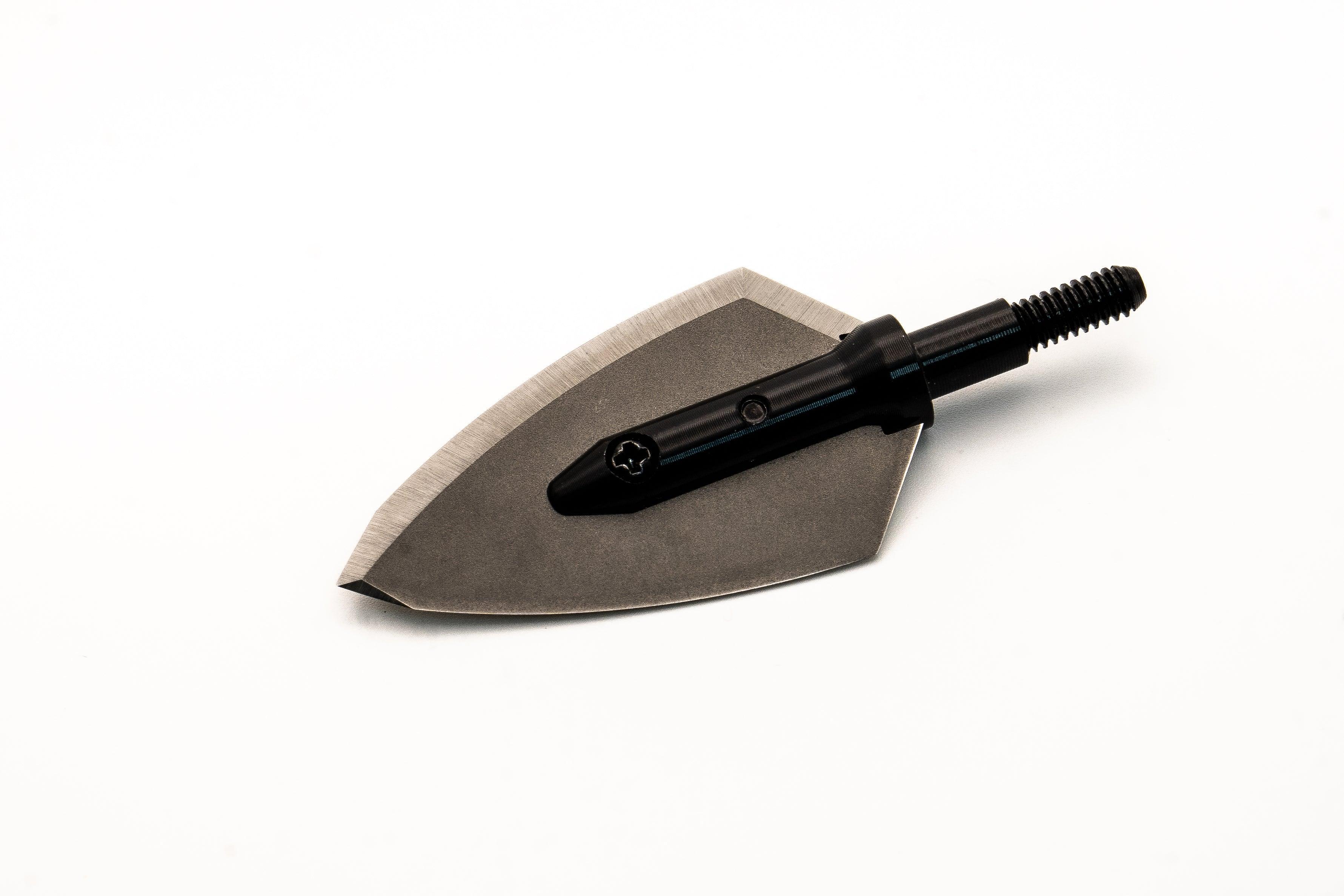 Magnus Archery single bevel broadhead on white background, black steel construction