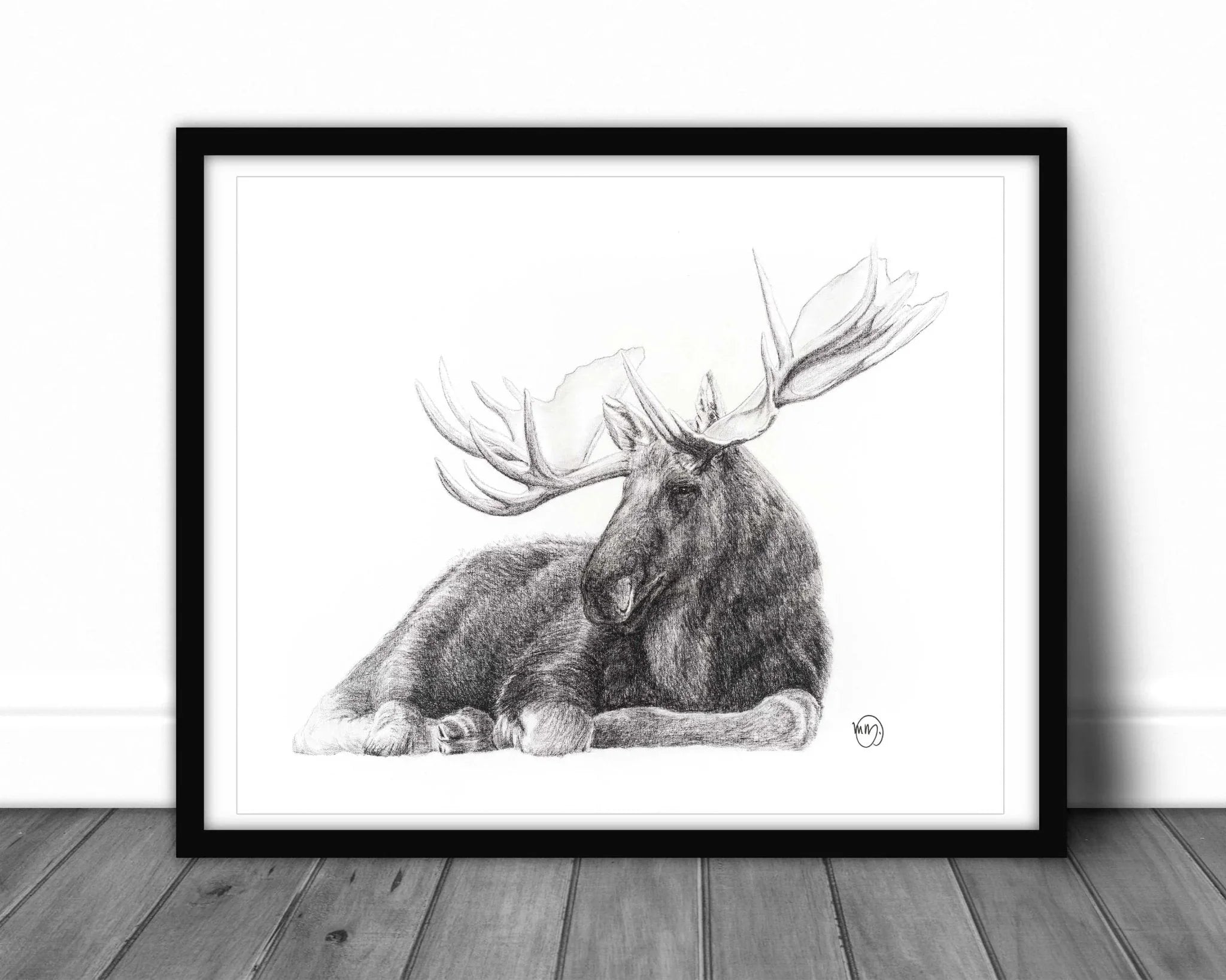Framed pencil drawing of a majestic moose with large antlers on a white background