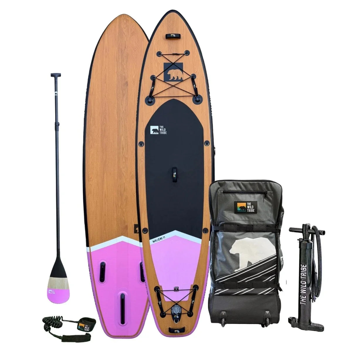 Maligne 11 inflatable paddle board set with carbon paddle, bag, leash, and pump, wood and pink design