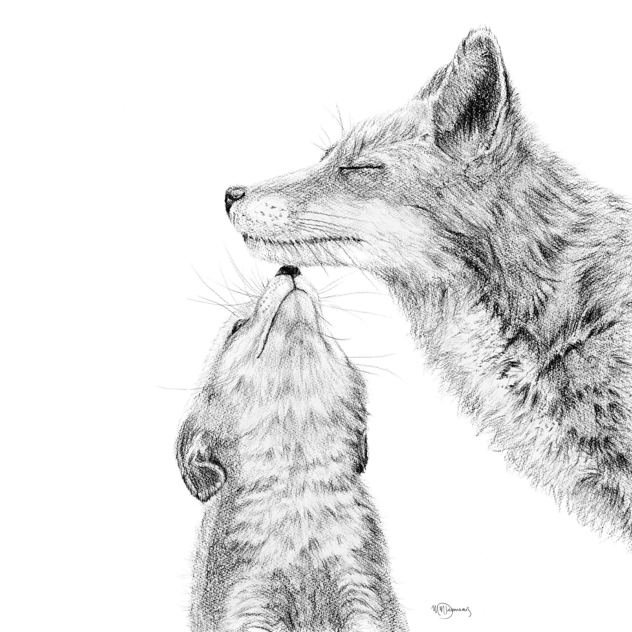 Black and white sketch of a mama fox nuzzling her baby fox against a white background