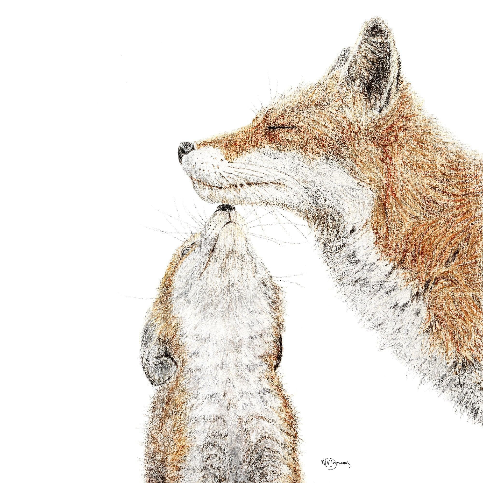Illustration of a mama fox nuzzling her baby fox against a white background