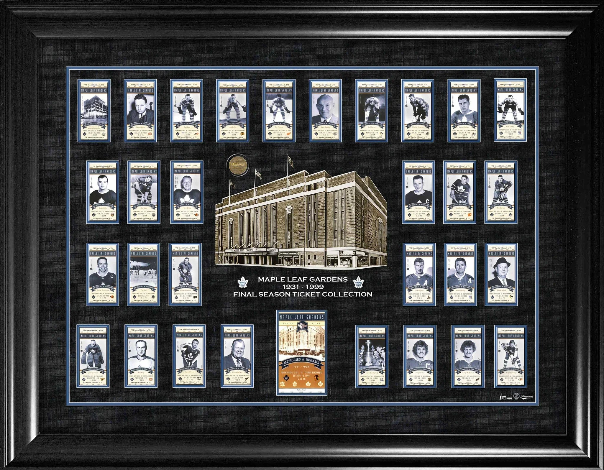 Maple Leaf Gardens framed memorabilia with vintage hockey tickets and stadium illustration