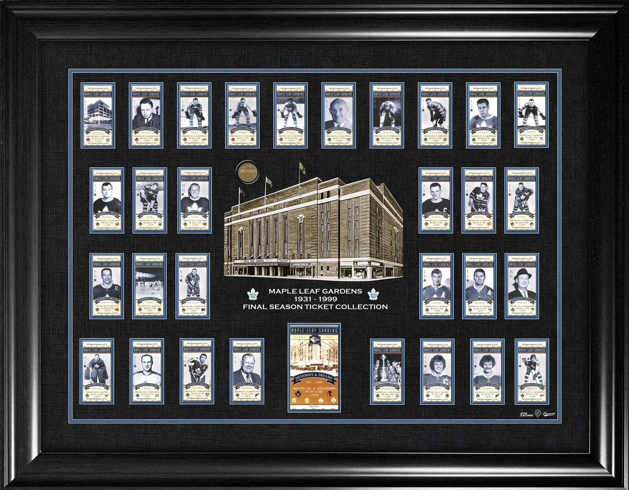 Maple Leaf Gardens framed memorabilia with vintage hockey tickets and stadium illustration