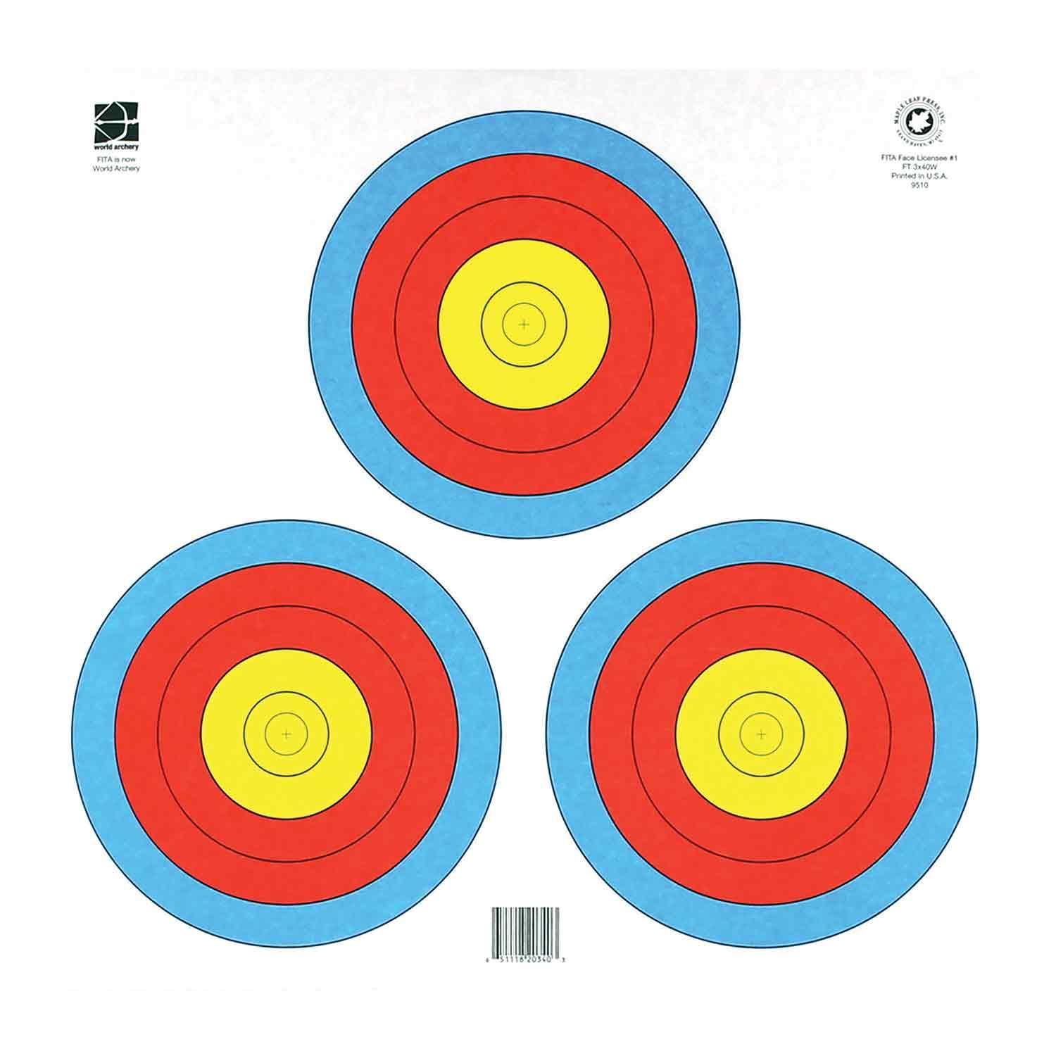Triangular 3-spot archery target face with blue, red, and yellow scoring rings on white background