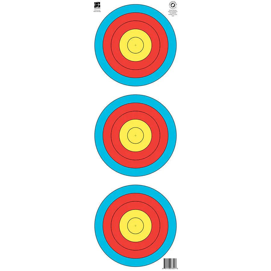 Vertical 3-spot World Archery 40cm maple leaf target face, blue, red, yellow rings