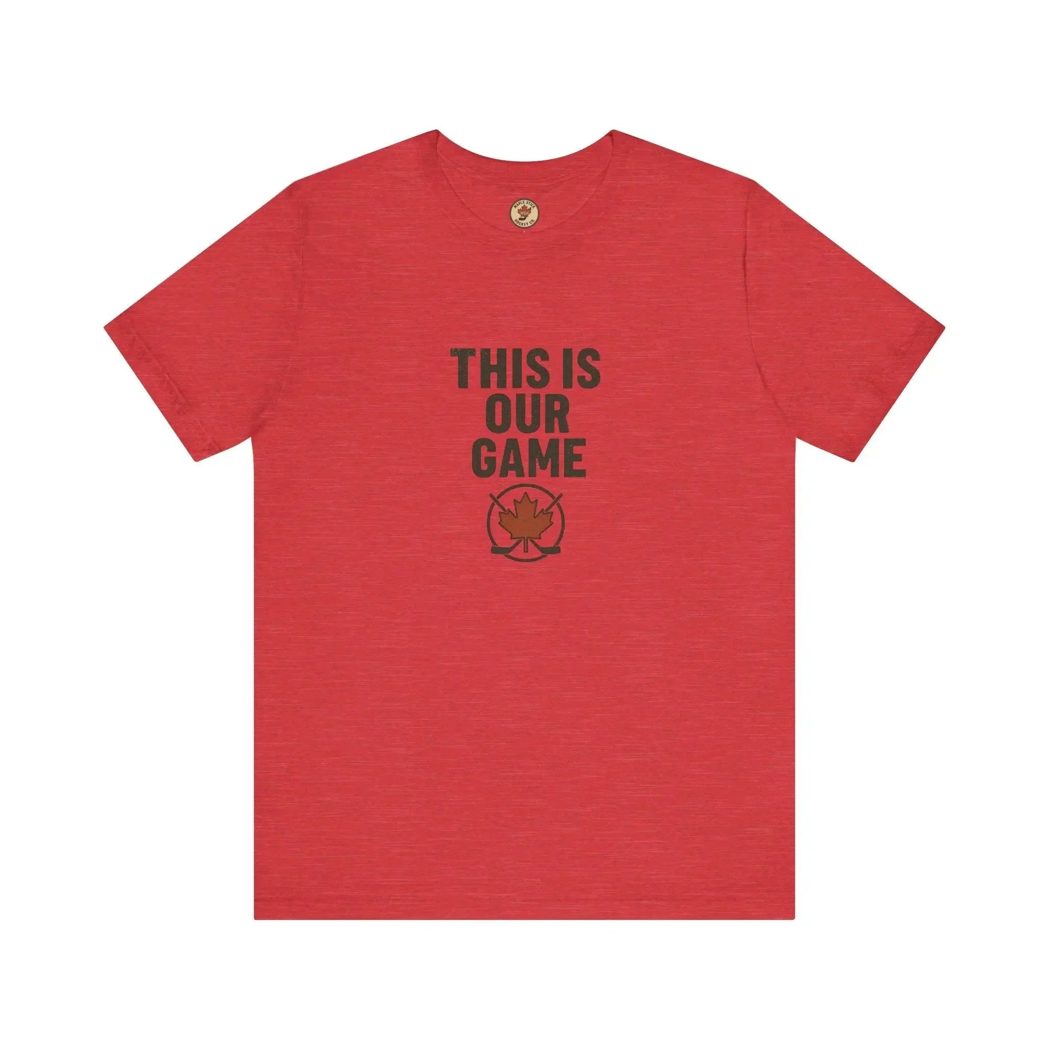 Red t-shirt with black 'This Is Our Game' text and maple leaf hockey logo on front