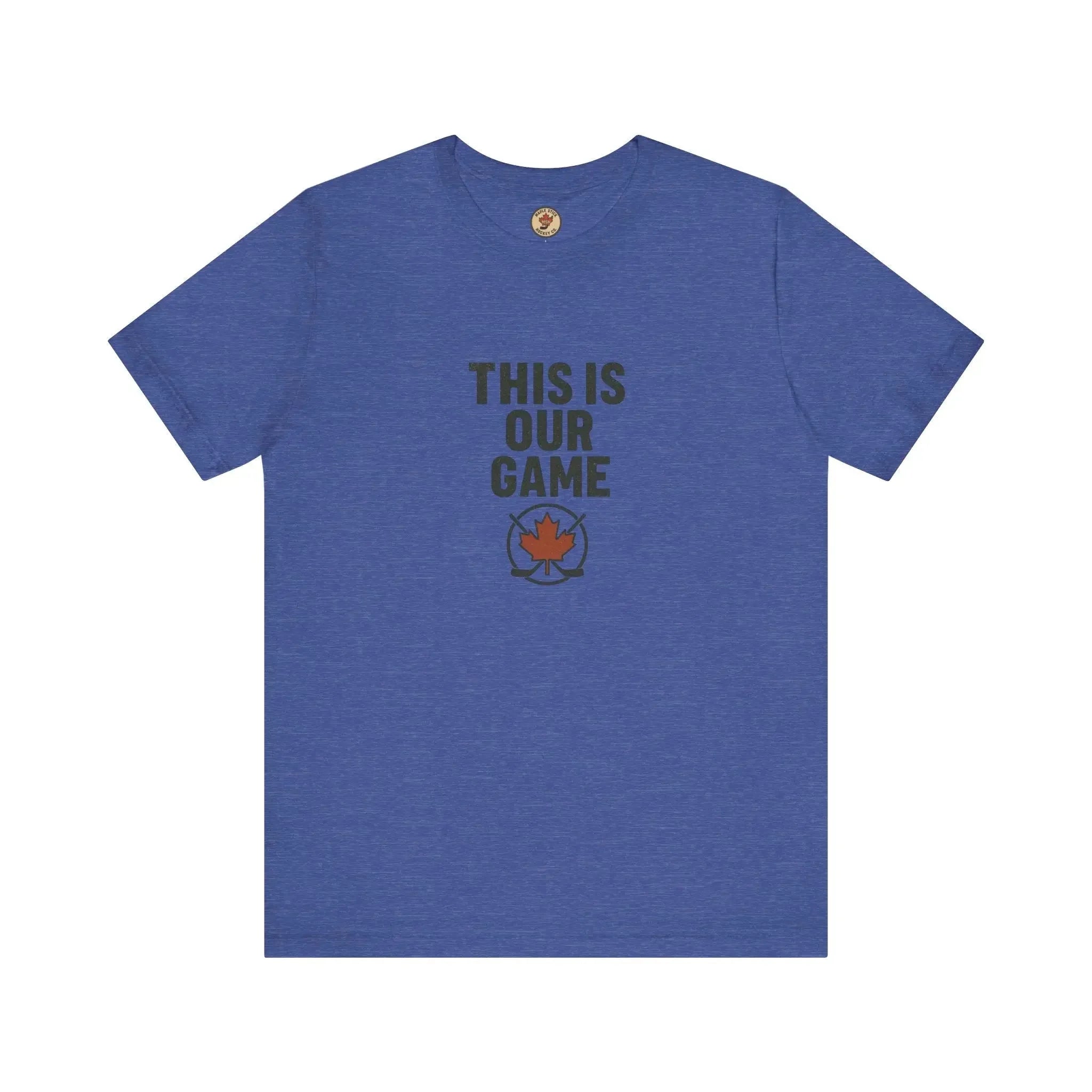 Blue t-shirt with 'This Is Our Game' text and red maple leaf hockey logo