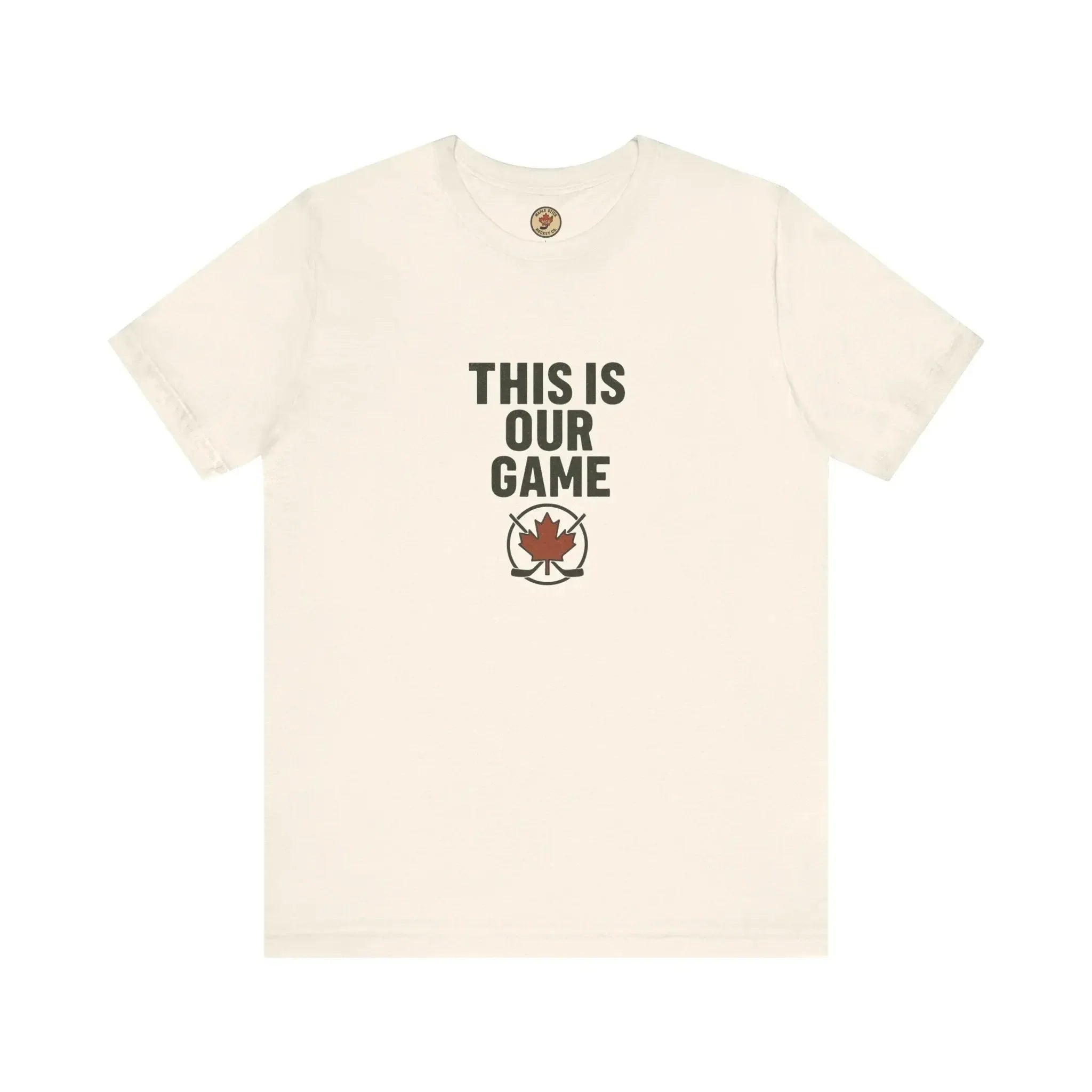 White t-shirt with 'THIS IS OUR GAME' text and red maple leaf hockey logo, Canada sports tee