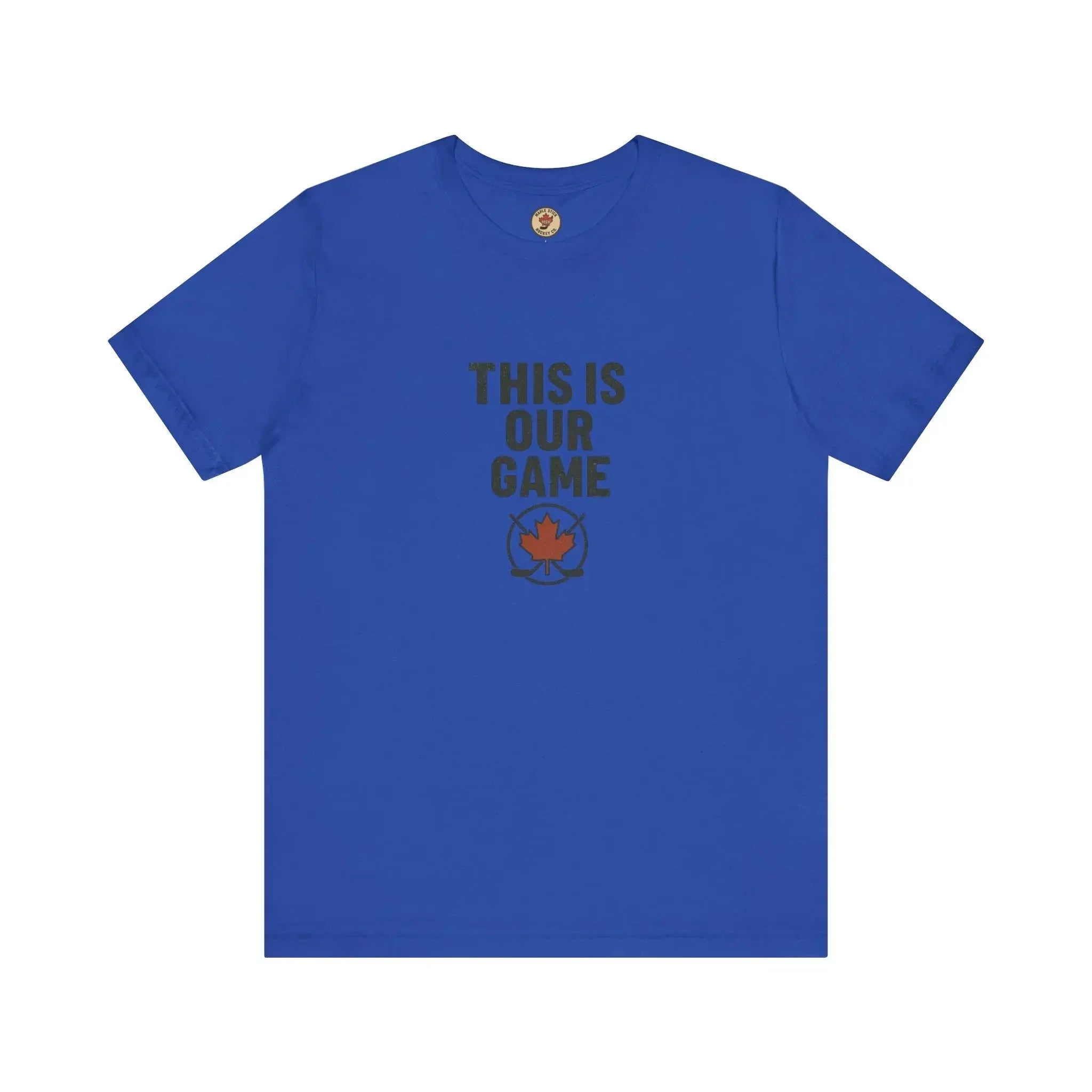 Blue t-shirt with 'THIS IS OUR GAME' text and red maple leaf graphic on chest