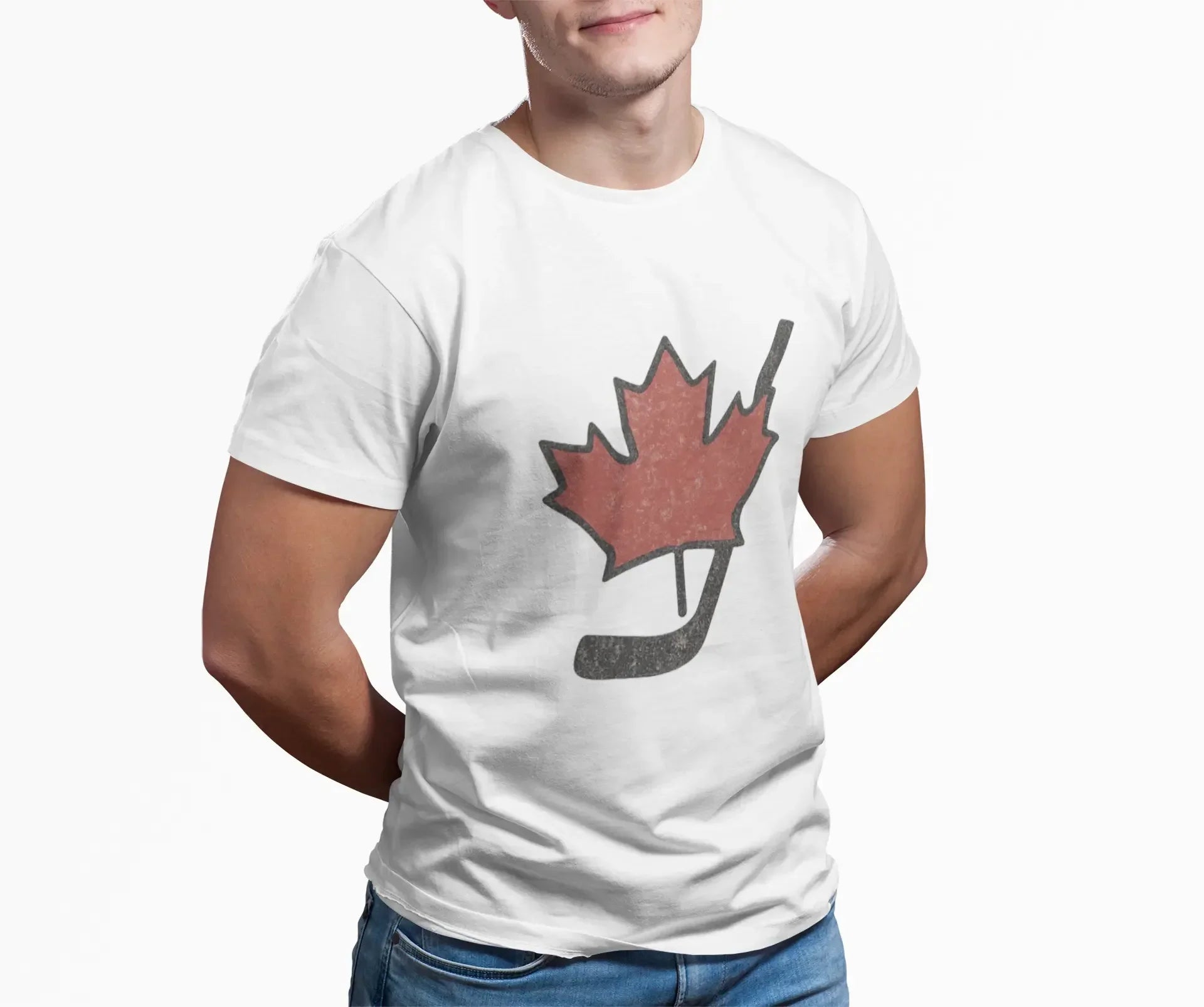 Man wearing white t-shirt with red maple leaf and black hockey stick graphic, Canada hockey shirt