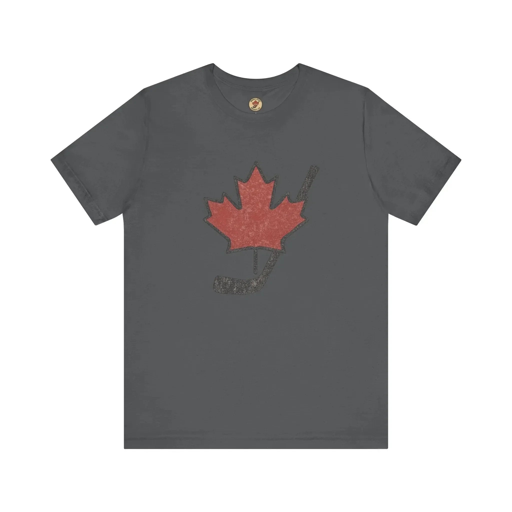 Gray t-shirt with a red maple leaf and black hockey stick graphic, Canada-themed apparel