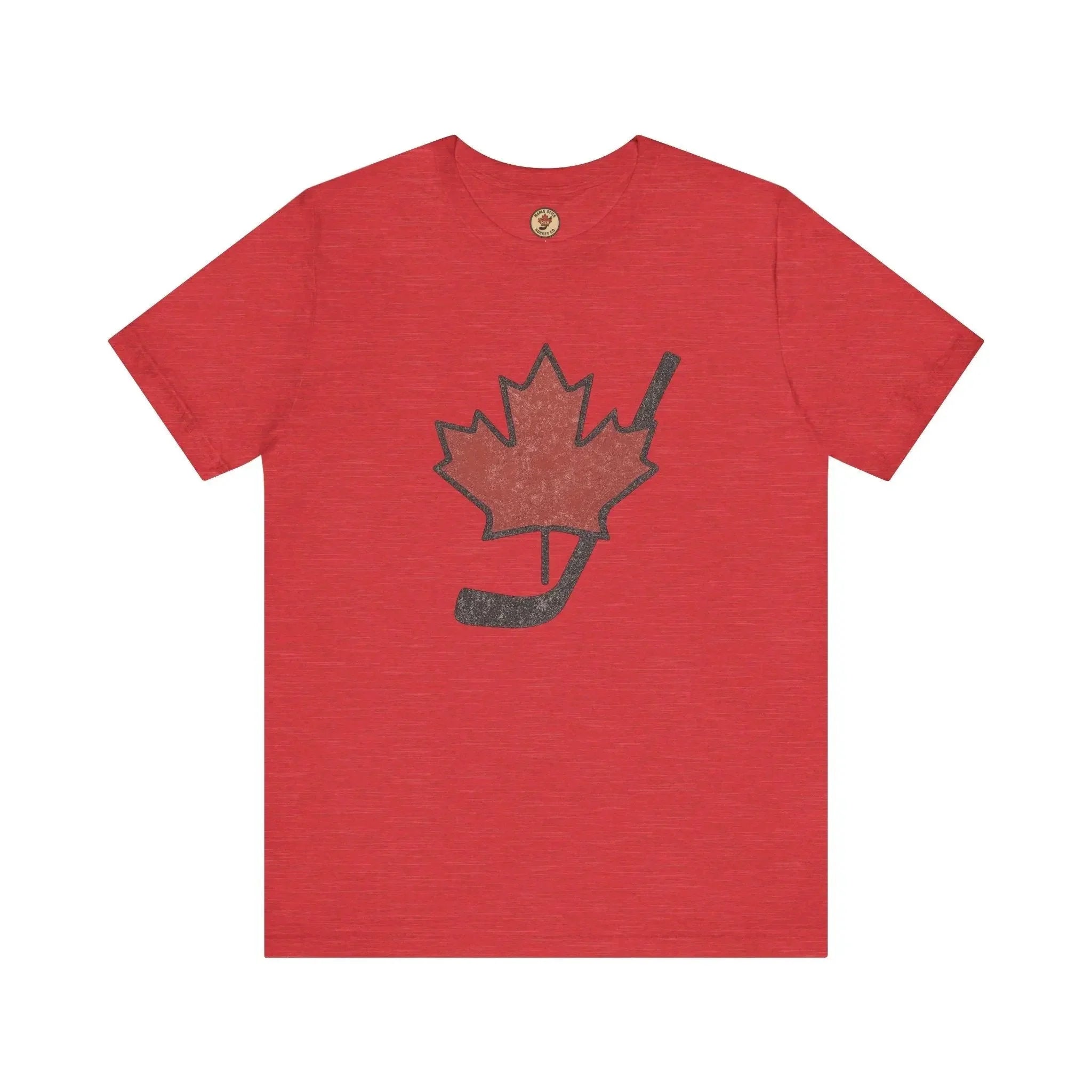 Red t-shirt with black maple leaf and hockey stick graphic on front