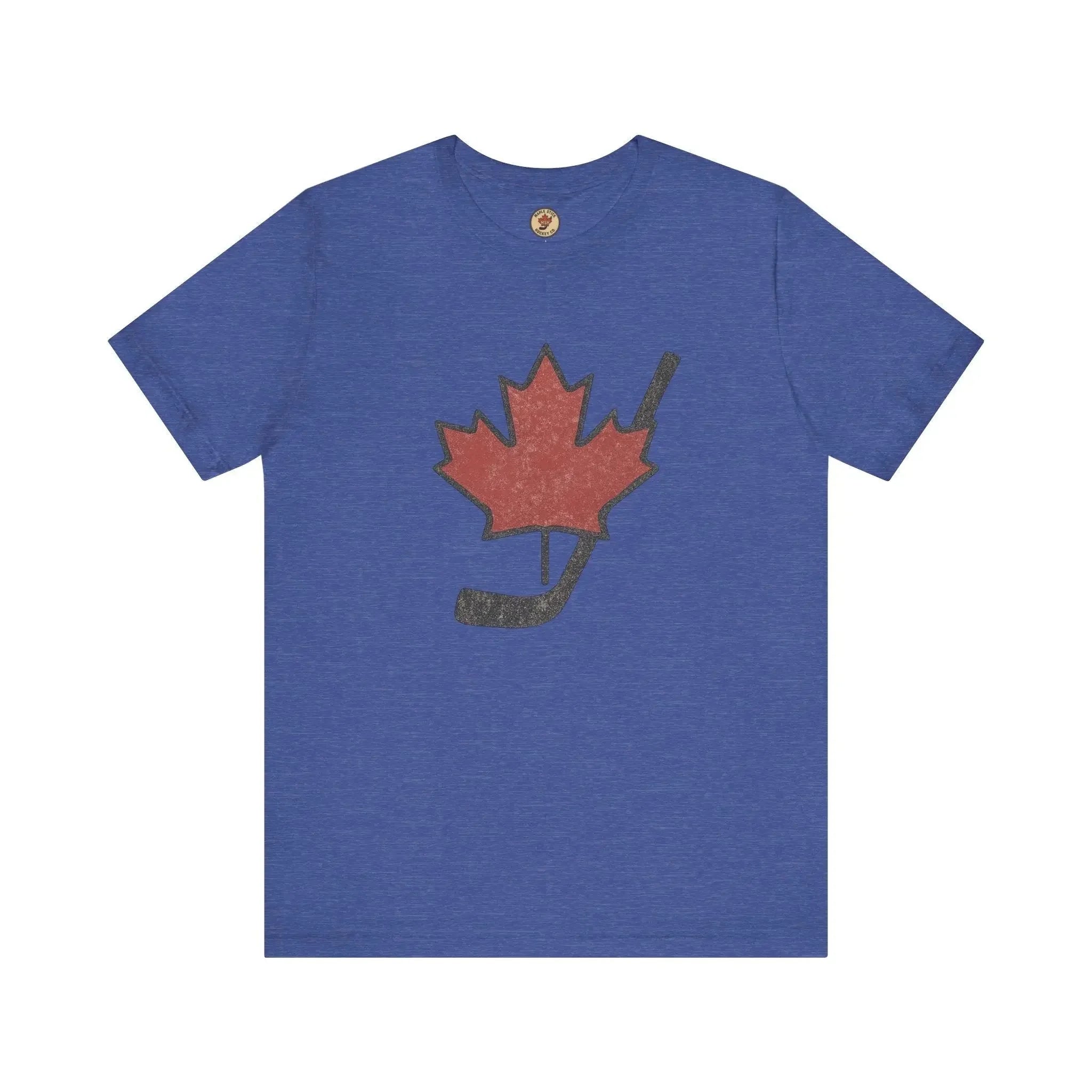 Blue t-shirt with red maple leaf and black hockey stick graphic, Canada hockey shirt