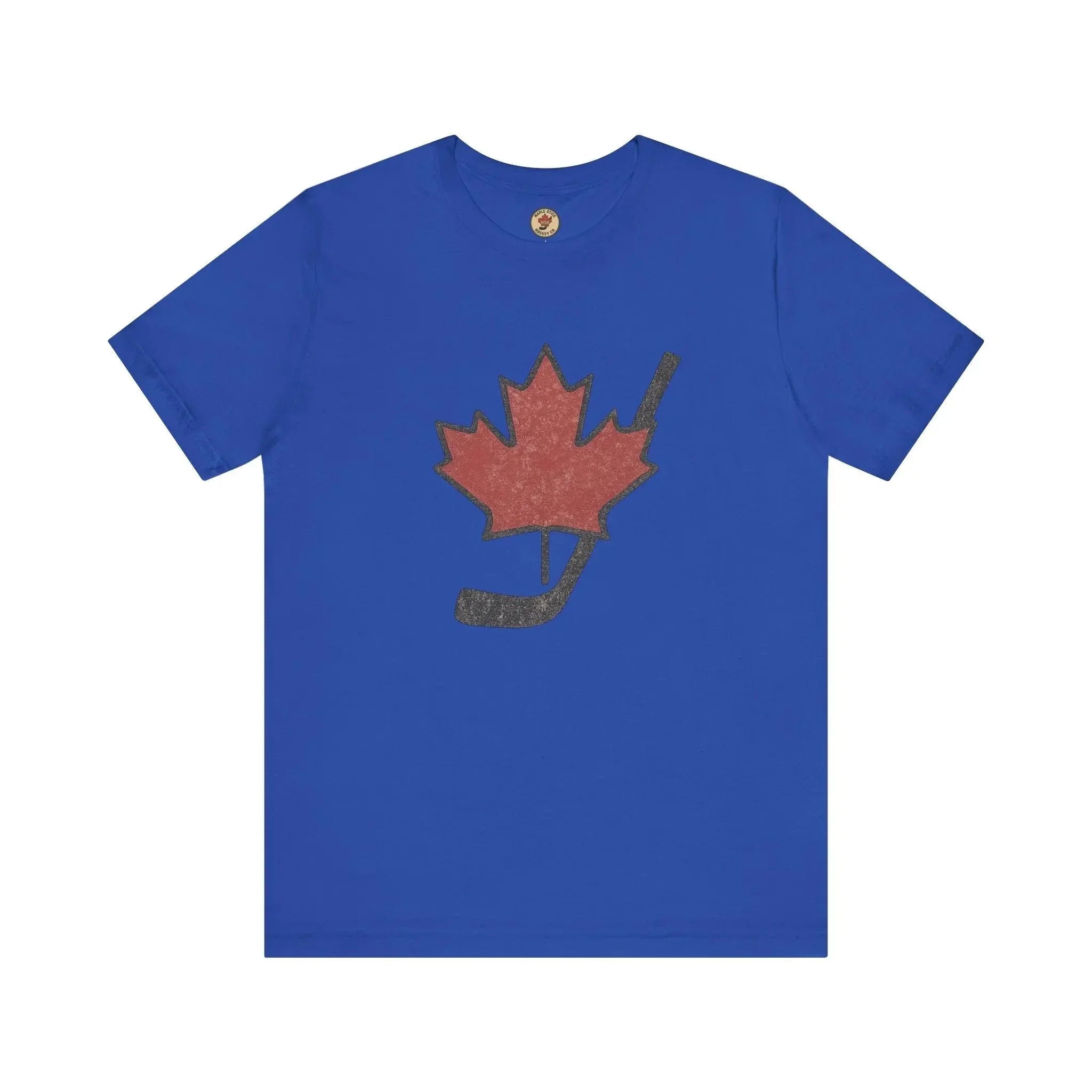 Blue t-shirt with red maple leaf and black hockey stick graphic on front