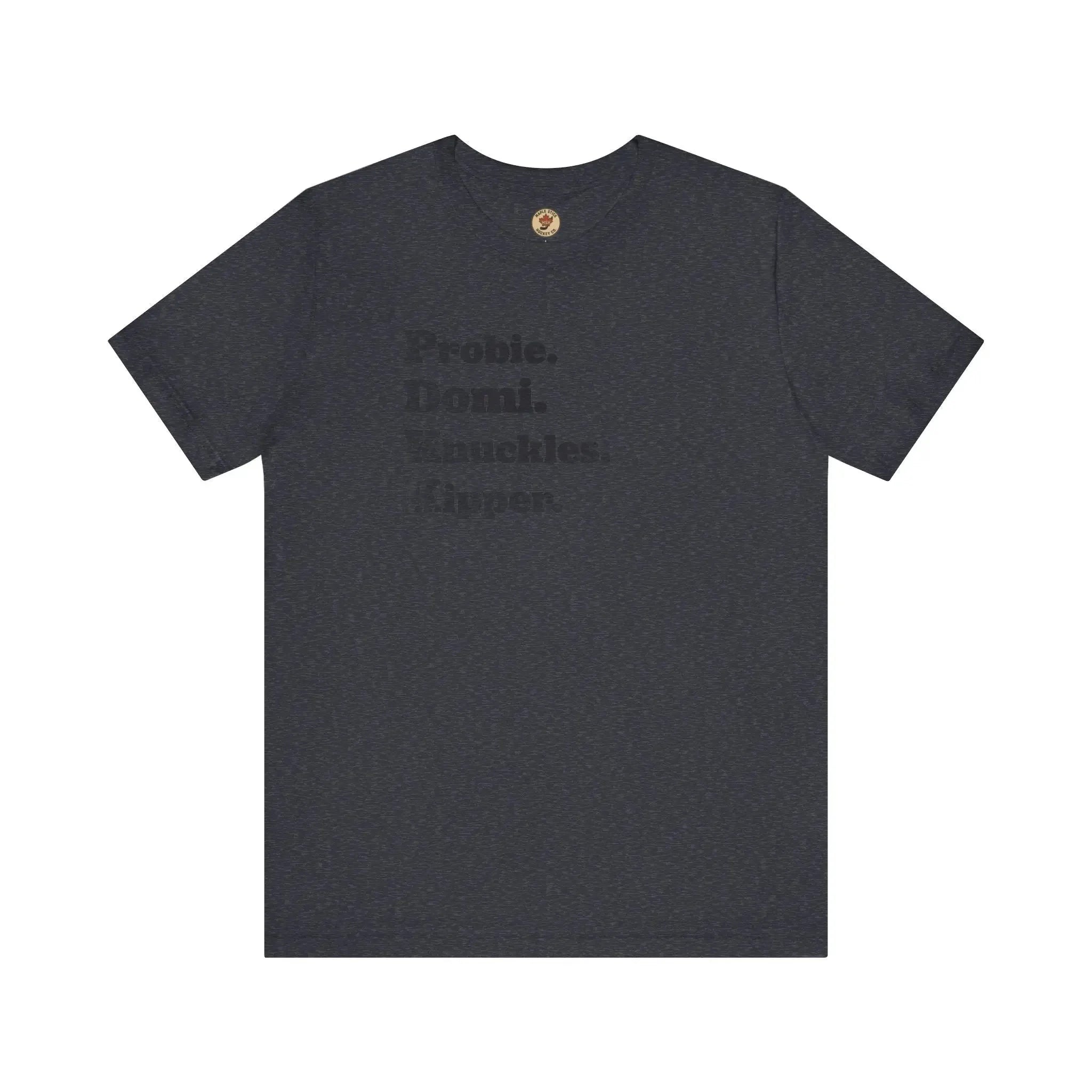 Dark heather crew neck t-shirt with subtle black text graphic on chest