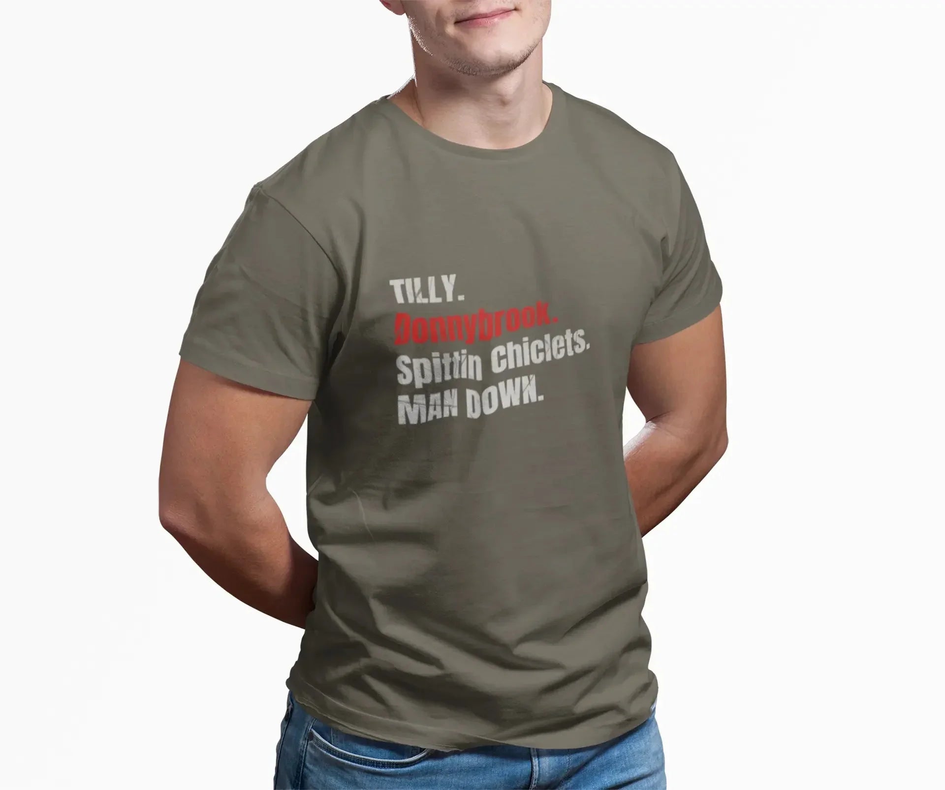 Man in olive green t-shirt with bold hockey slang text, casual fashion style