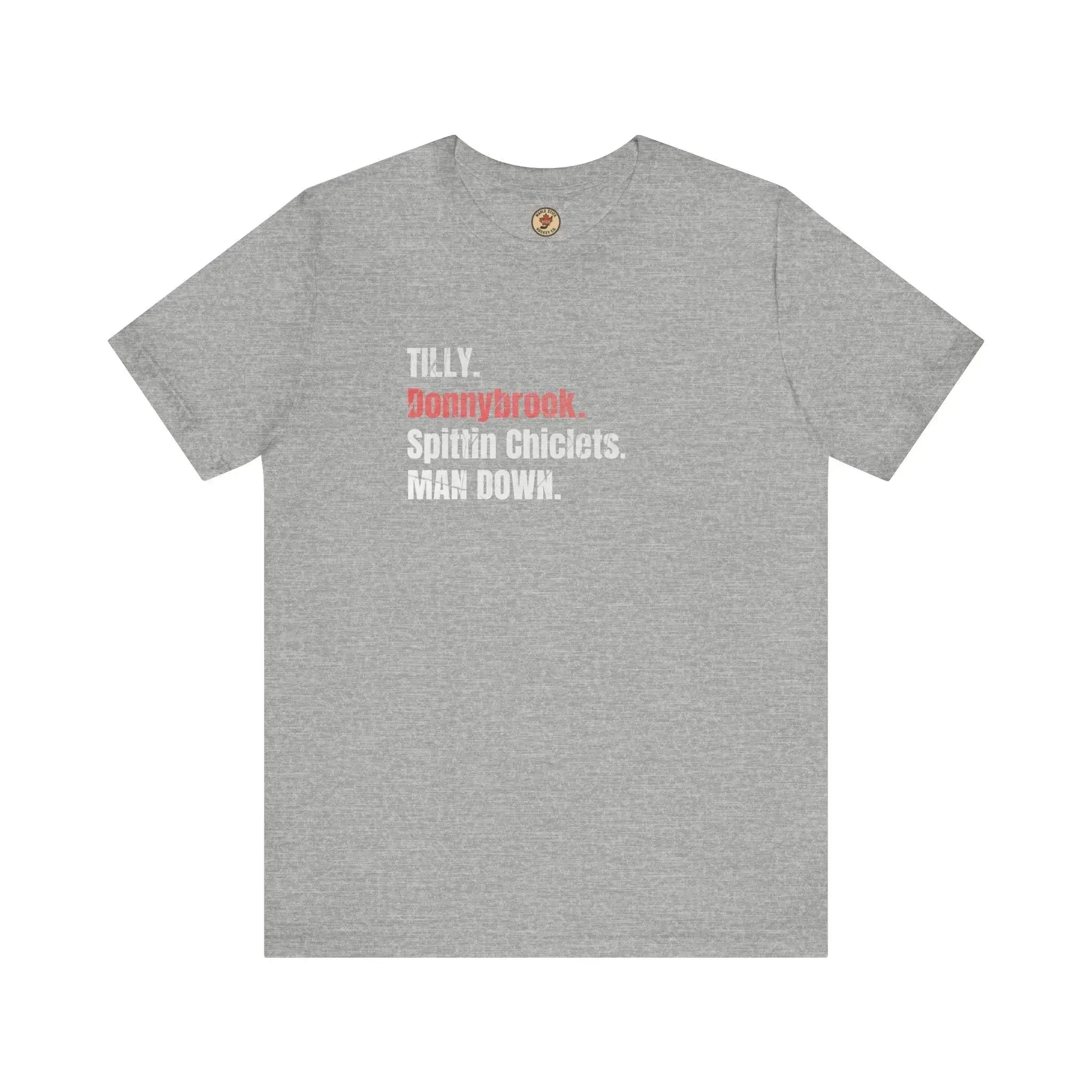 Grey t-shirt with hockey slang text in white and red lettering, flat lay view.
